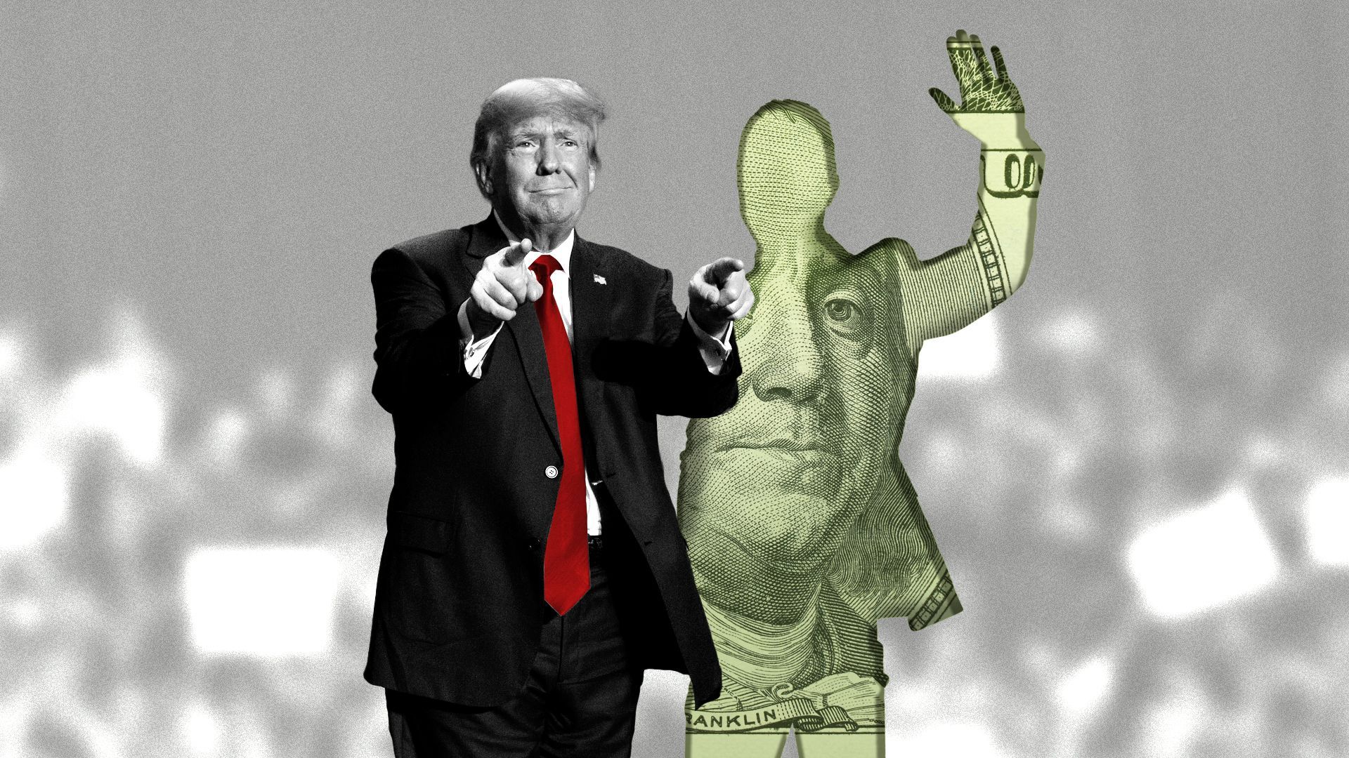 Photo illustration of Donald Trump at a rally with a silhouette of a person beside him with a 100 dollar bill overlay