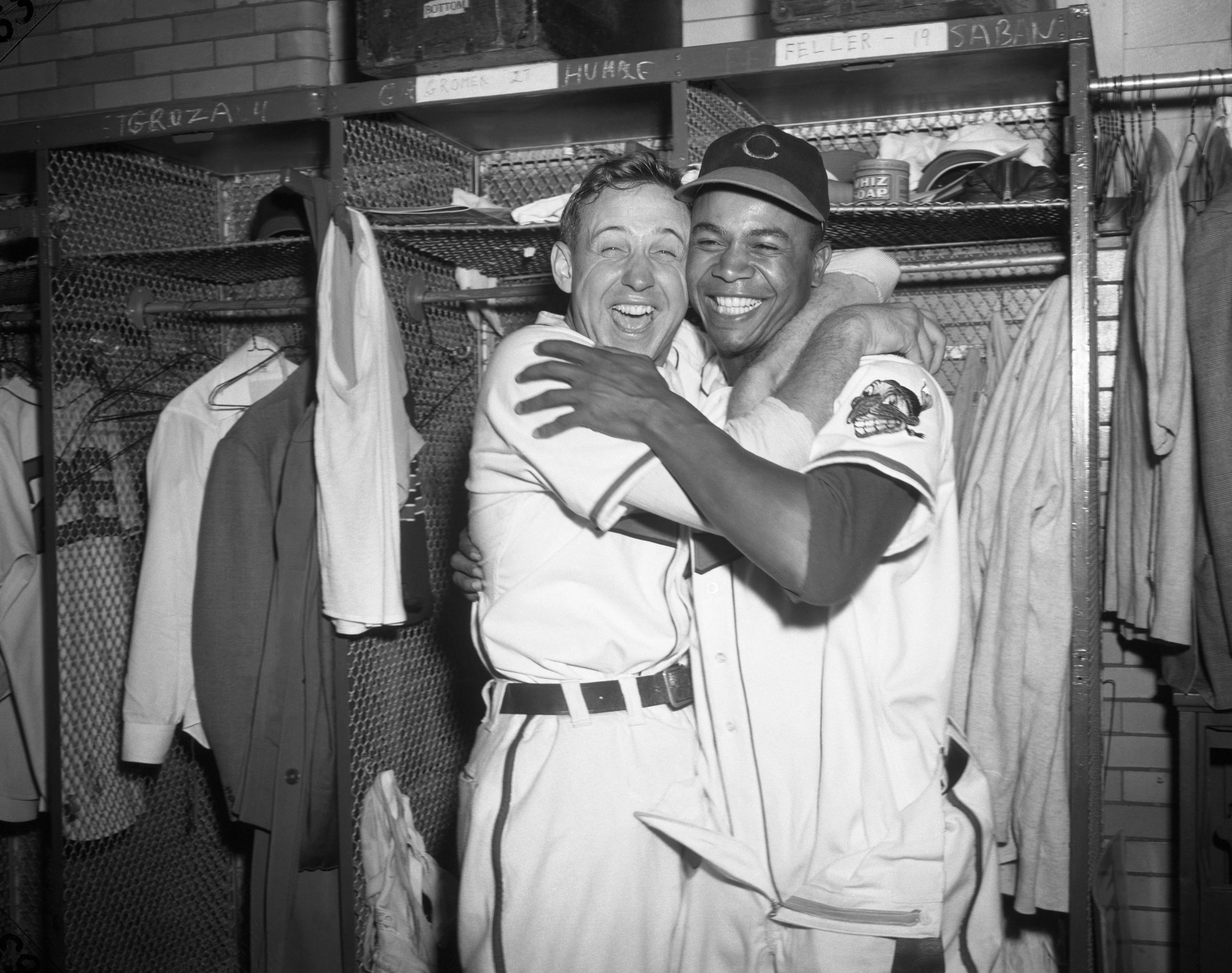 Steve Gromek and Larry Doby hugging after winning Game 4 of the 1948 World Series.
