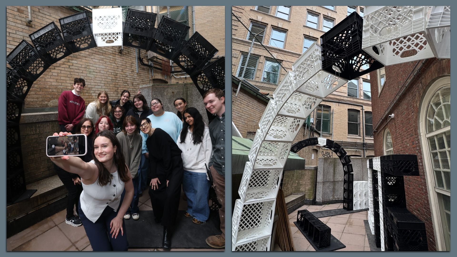 Suffolk University students take a picture under their installation made of black-and-white milk crates, called "Multiples: Echoes of Revolution," outside the Old South Meeting House. in Boston.
