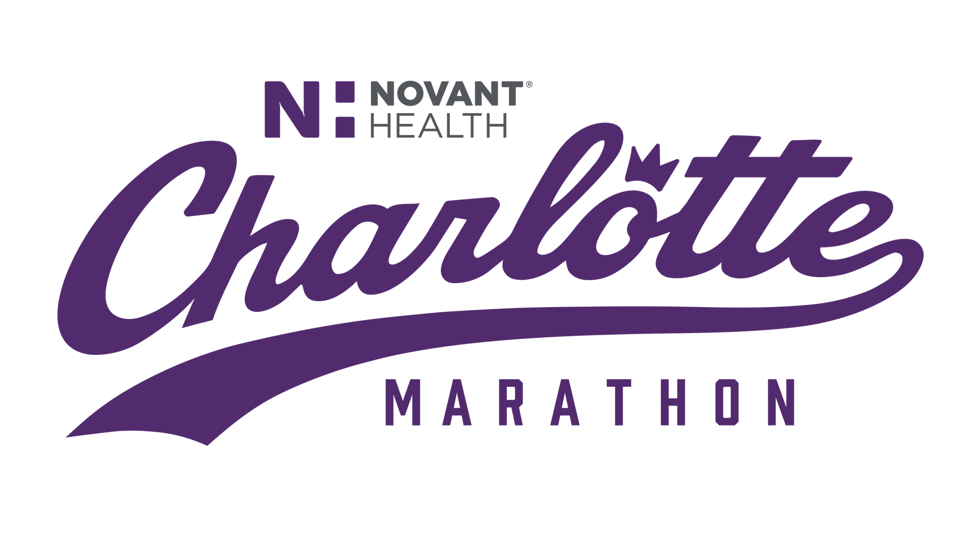 Purple Charlotte Marathon logo on black: 'Charlotte' in flowing script with a sweeping tail, 'MARATHON' in uppercase beneath, and a small Novant Health mark to the left.