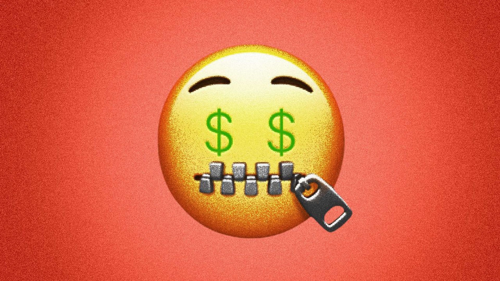 Illustration of a zipped mouth emoji with dollar sign eyes