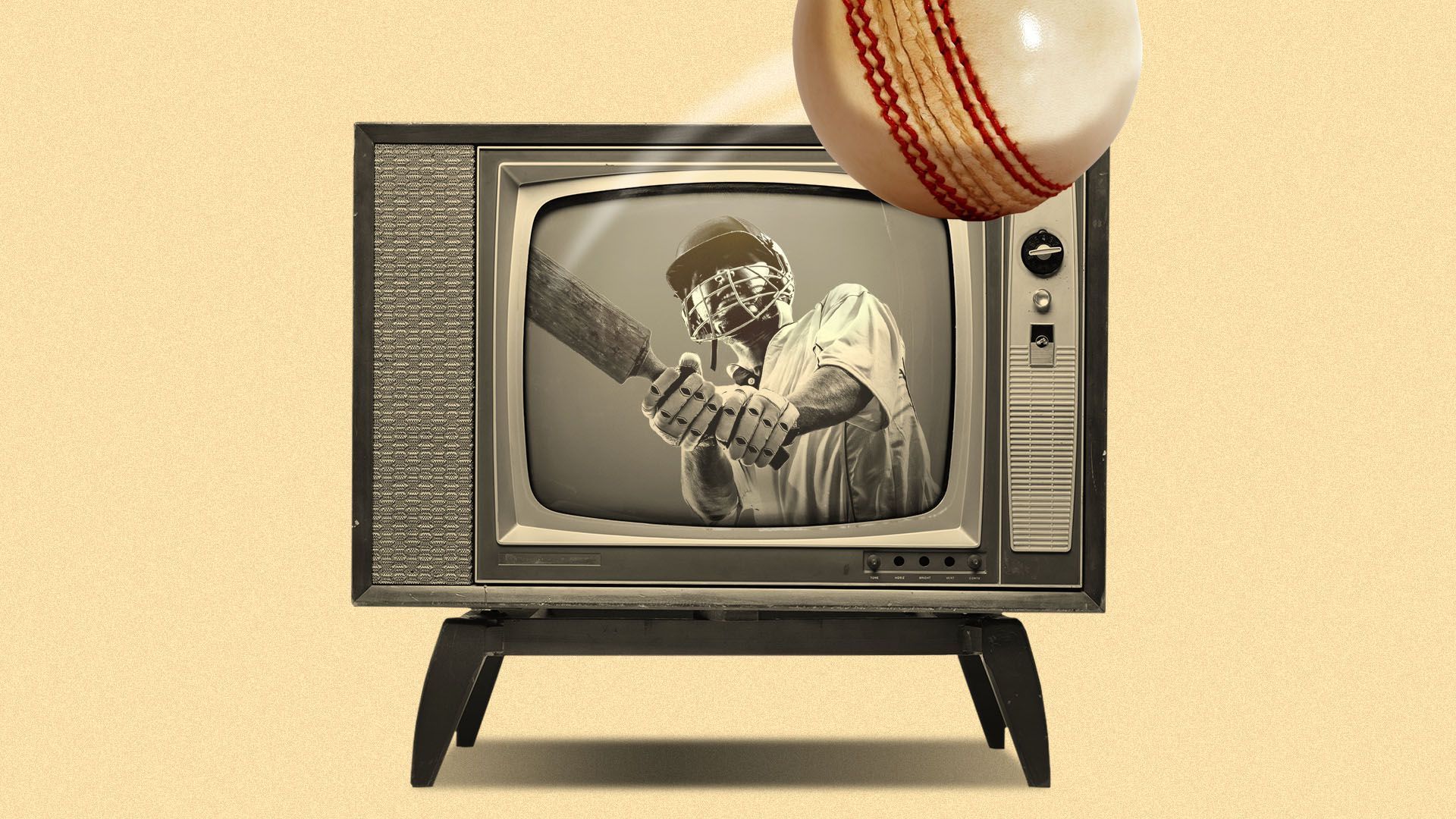 Illustration of a person playing cricket on a TV.
