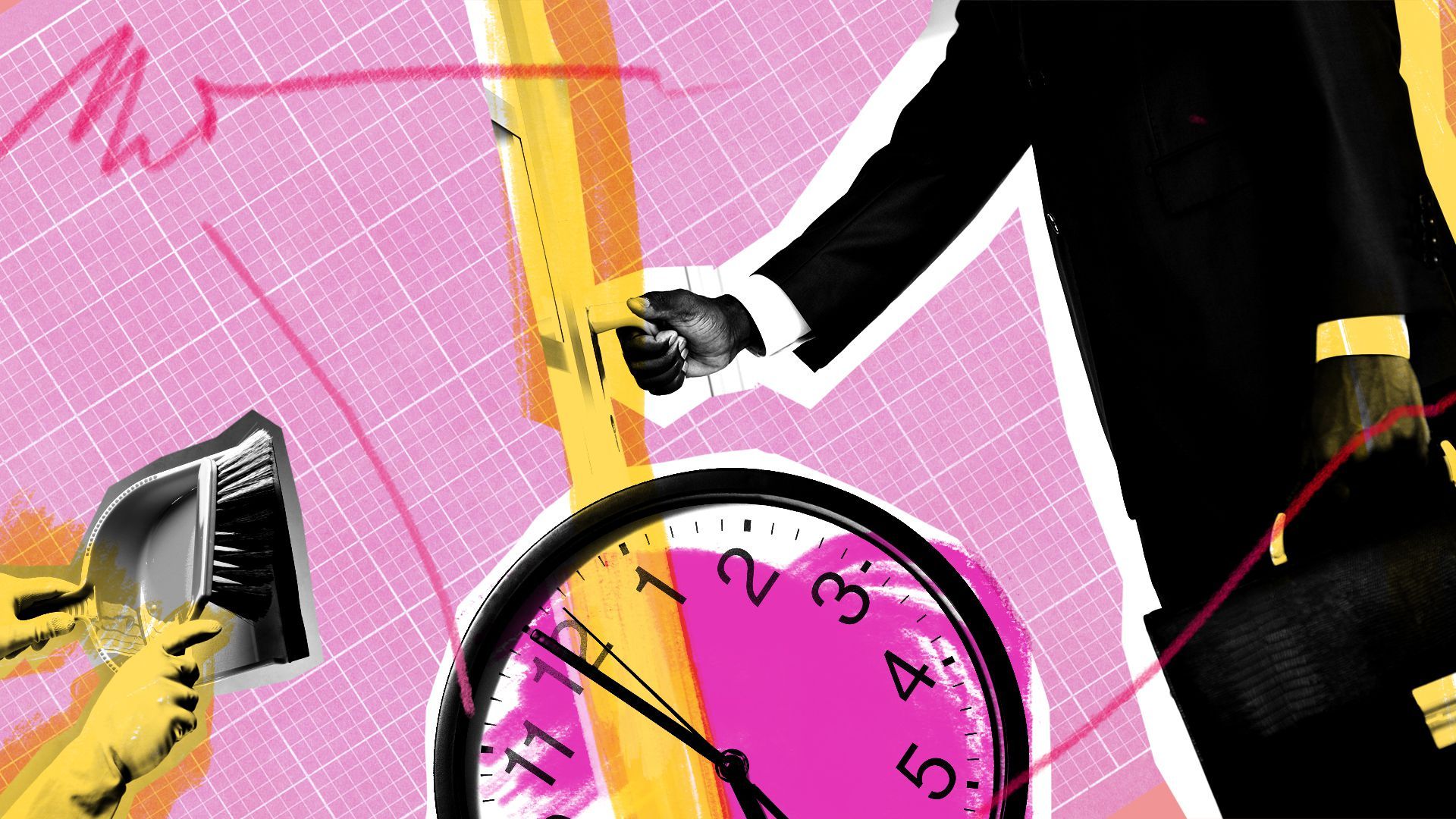 Photo collage of a businessman, a clock and someone wearing rubber gloves and holding a dustpan.