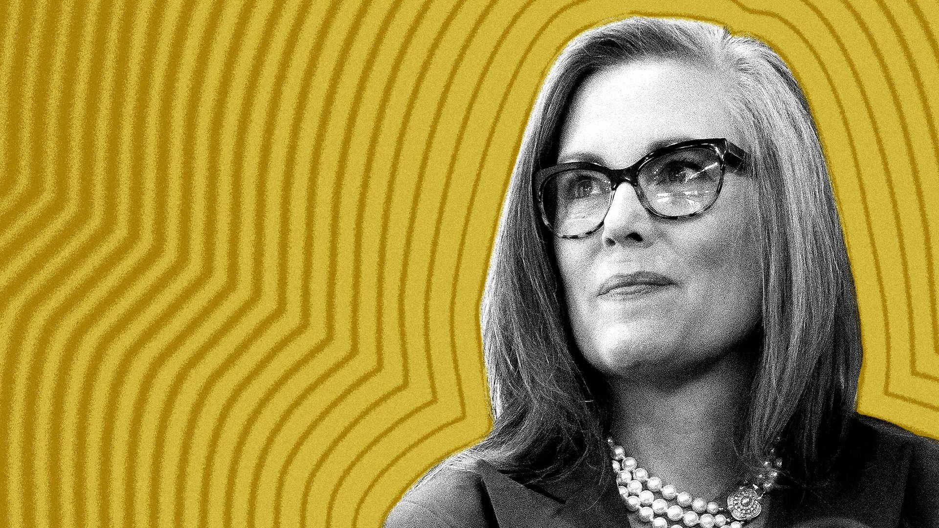 Photo illustration of Katie Hobbs with lines radiating from her. 