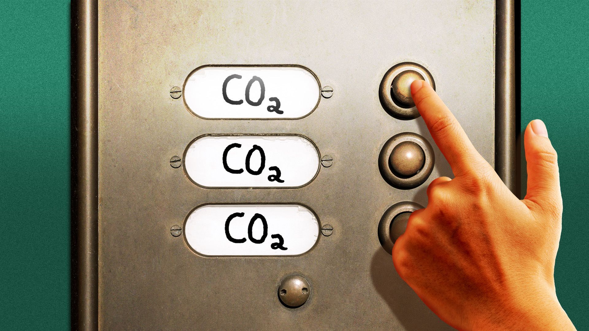 Illustration of a hand ringing an apartment doorbell with nameplates all reading "CO2"