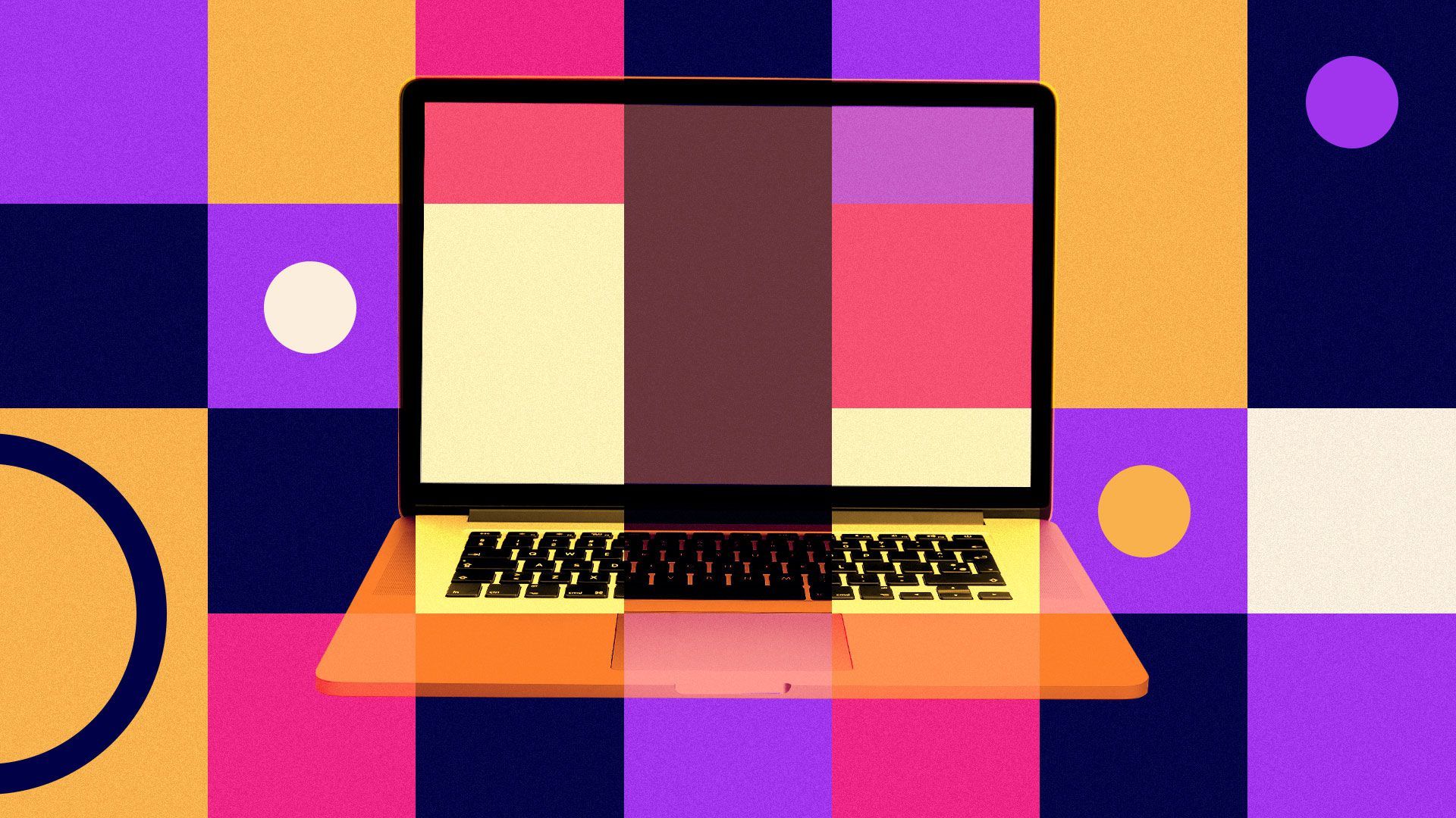 Illustration of open laptop with a grid background and circles