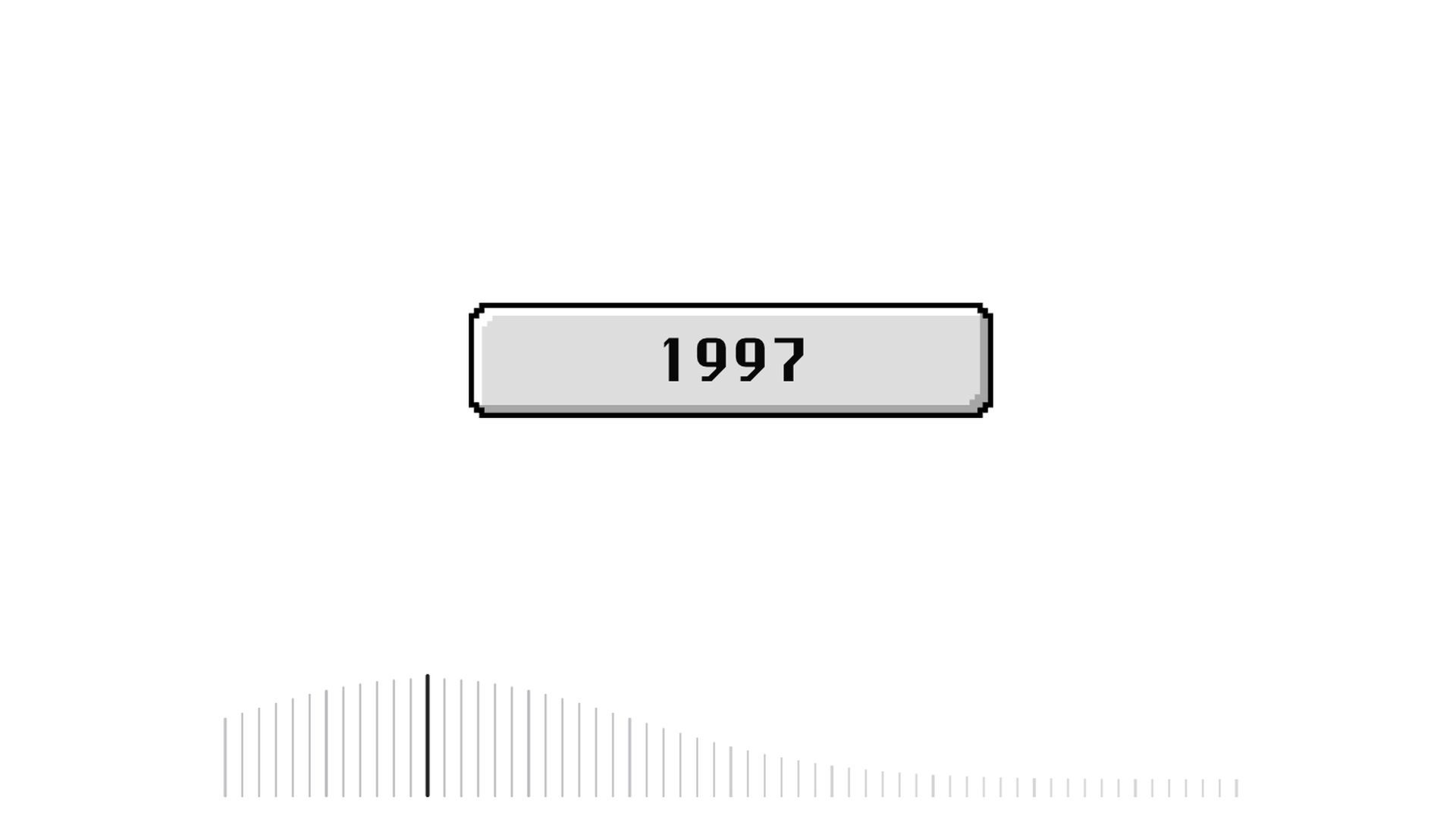 Minimalist timeline: a light gray rounded rectangle with "1997" in black above a curved row of vertical ticks. A bottom axis shows years from 1984 to 2026, with 1997 bolded.