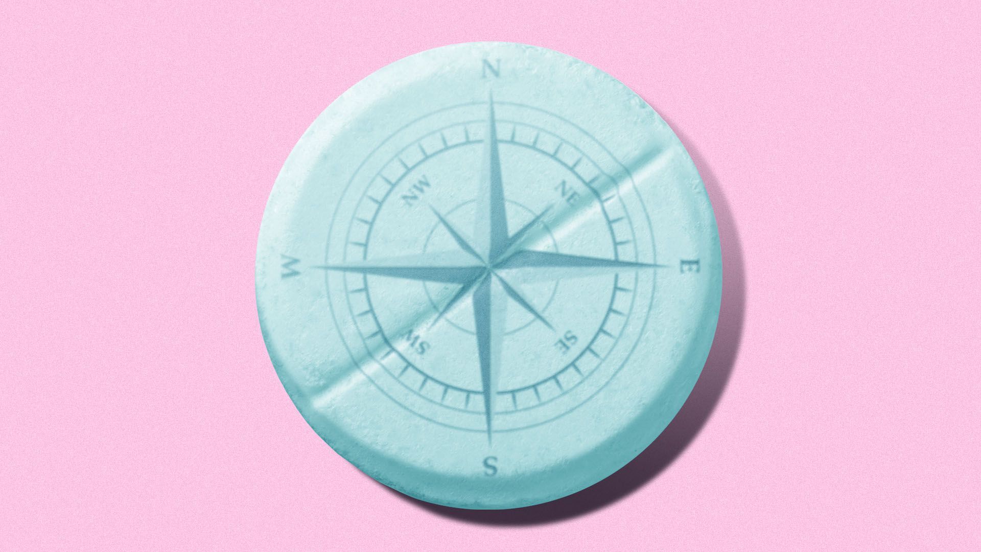Illustration of a pill with a compass stamped on it