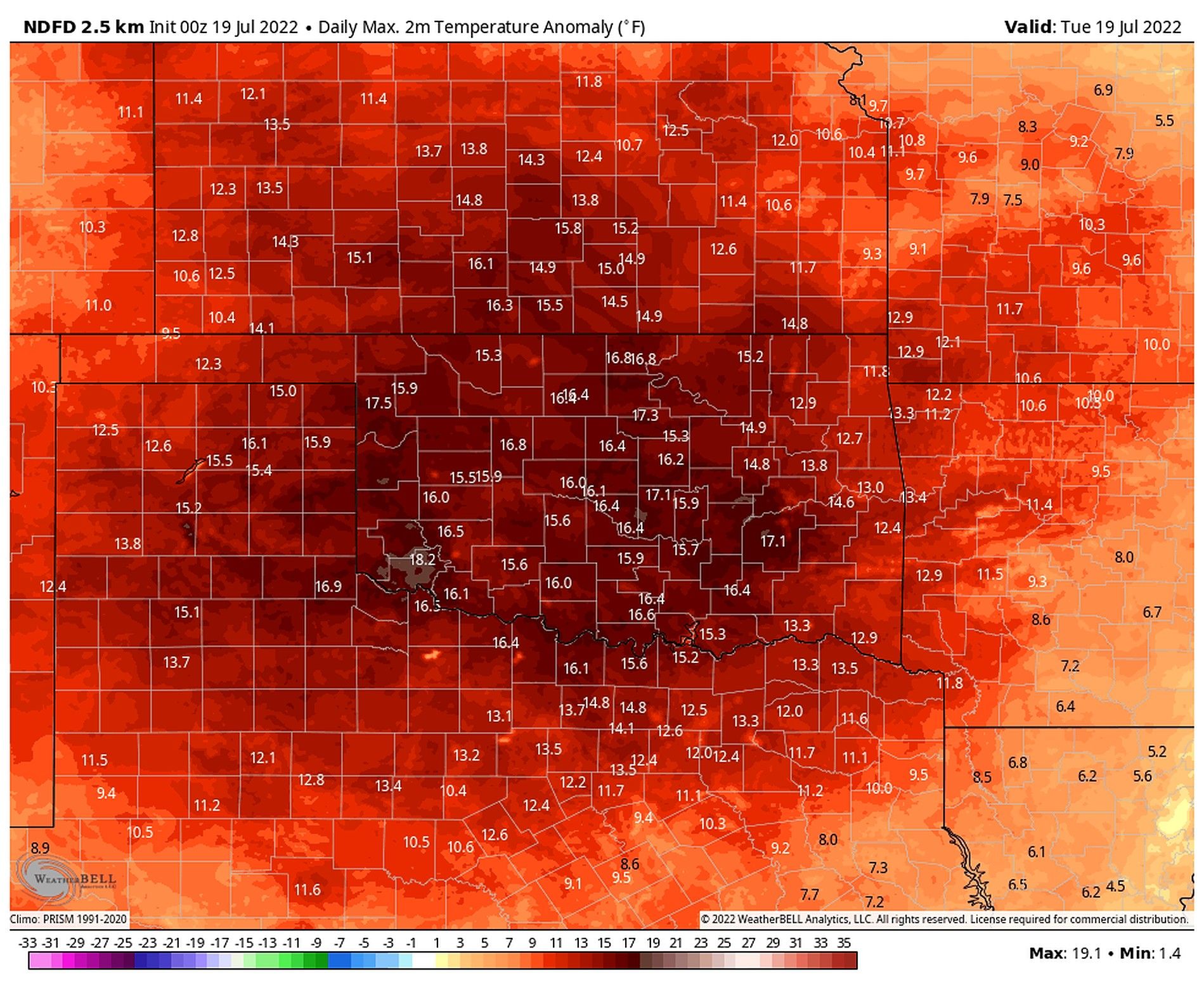 An image of a weather map showing extreme heat over the entire state of Oklahoma.