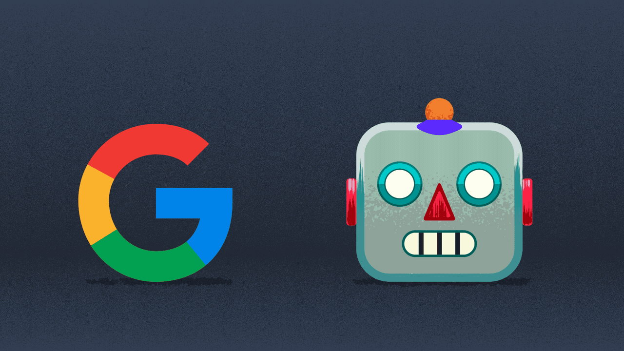 Animated illustration of the Google G logo eating a robot emoji.
