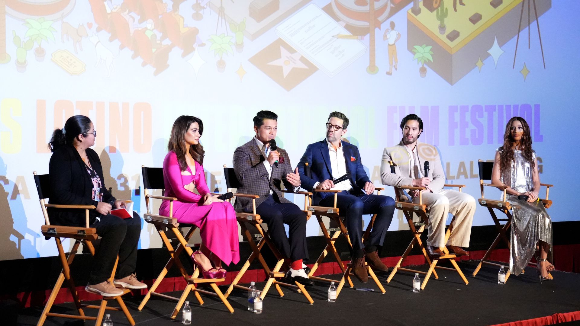 Rosa Parra, Emeraude Toubia, Vincent Rodriguez III, Todd Grinnell, Desmond Chiam, and Isis King speak onstage at the Prime Video special screening for season two of "With Love" at the Los Angeles Latino International Film Festival on June 01, 2023, in Hollywood, California. 