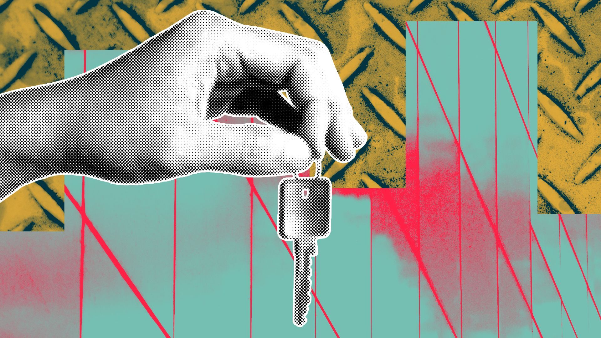 Illustration of a hand holding a key surrounded by abstract shapes. 