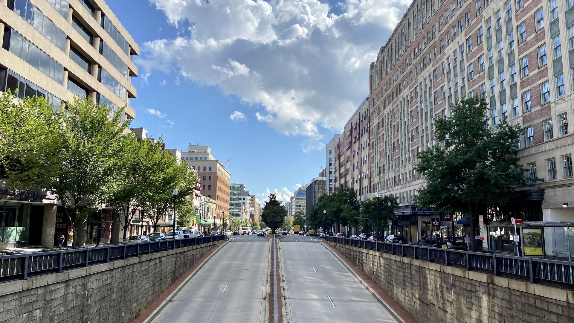 A view of an empty Connecticut Avenue NW south of Dupont Circle