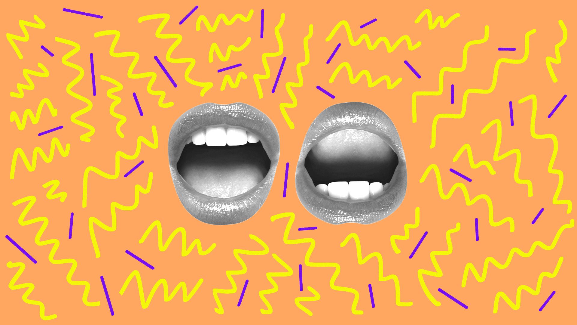 Illustration of two mouths surrounded by 90s style pattern 