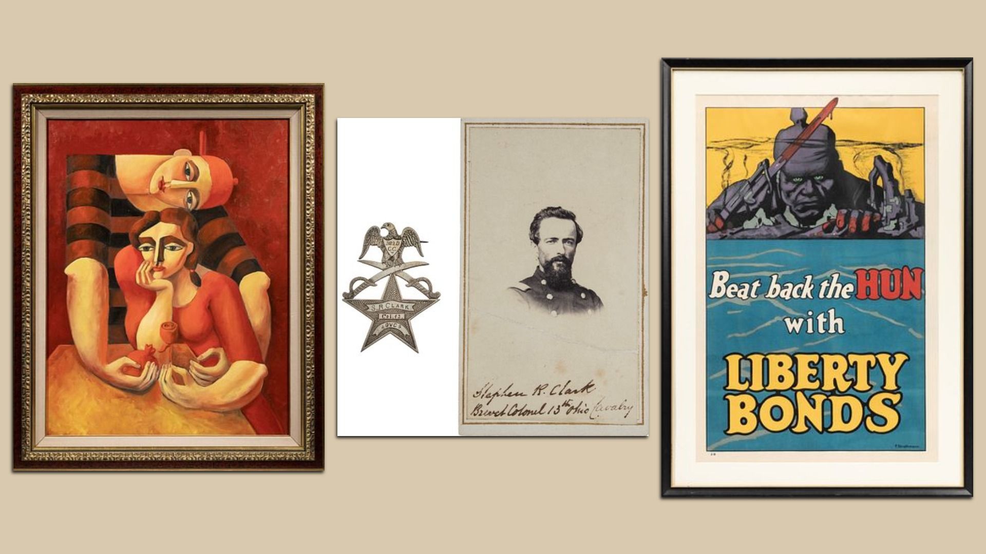 Beige gallery wall with four framed works: a red cubist portrait on the left, a white vertical card with an eagle emblem, a grayscale 19th‑century portrait, and a bold "Beat back the Hun with Liberty Bonds" poster.