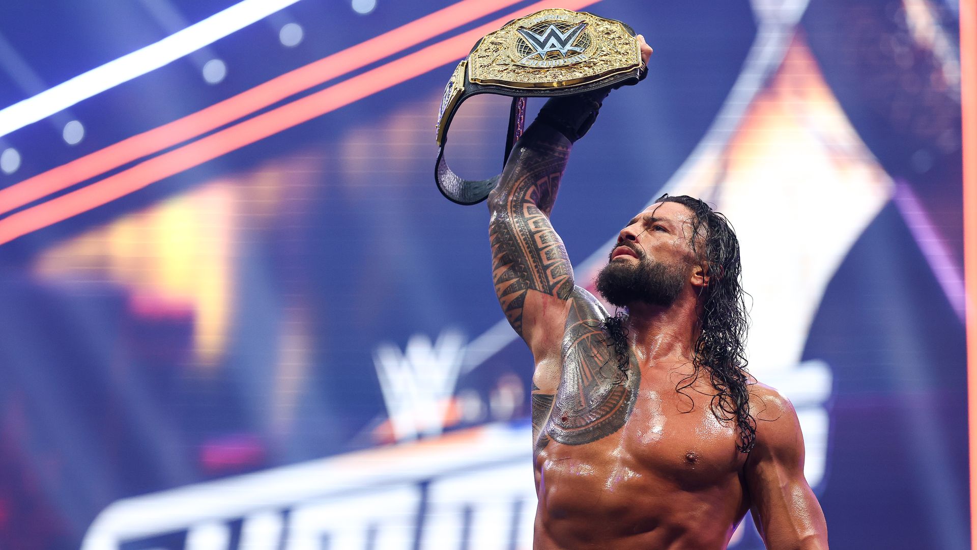 Roman Reigns celebrates during SummerSlam at U.S. Bank Stadium on August 2, 2026 in Minneapolis, Minnesota.