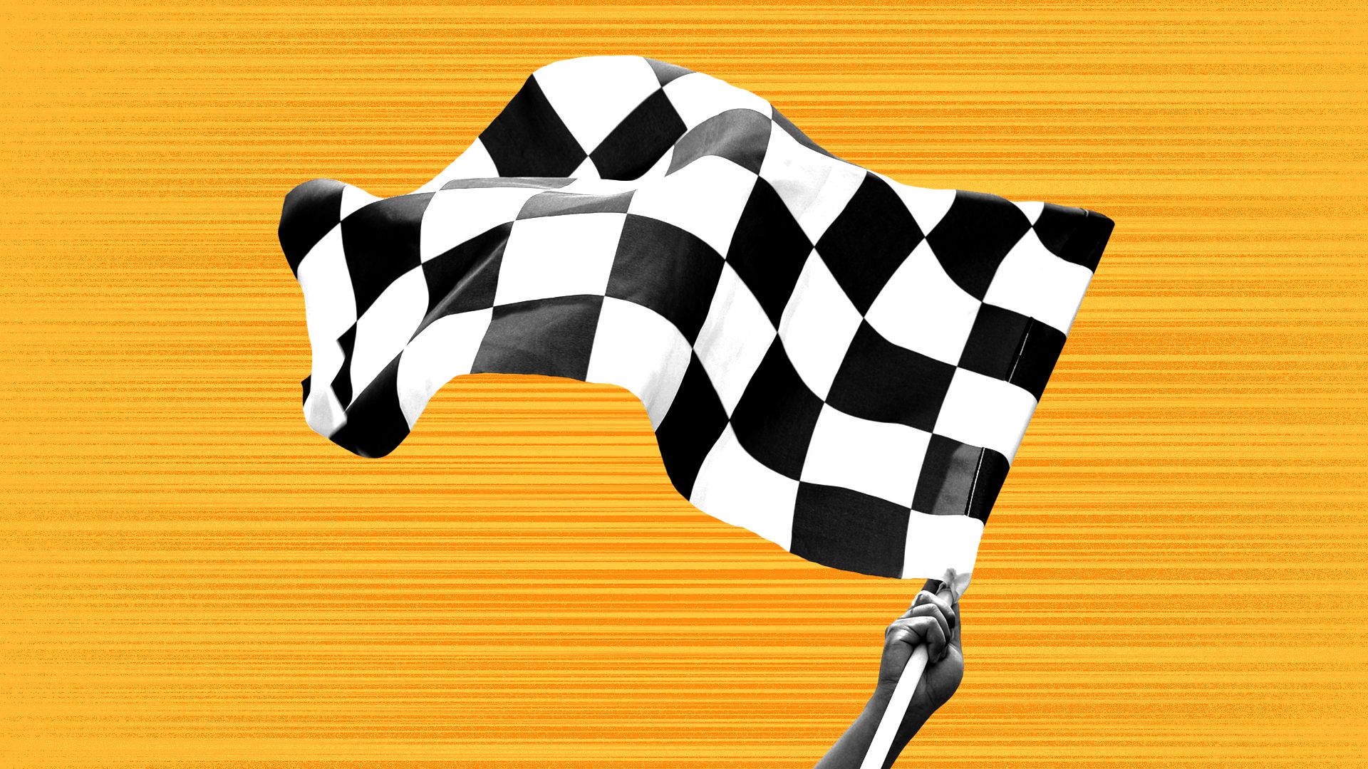 Illustration of a hand waving a checkered flag against a yellow background with speed lines.