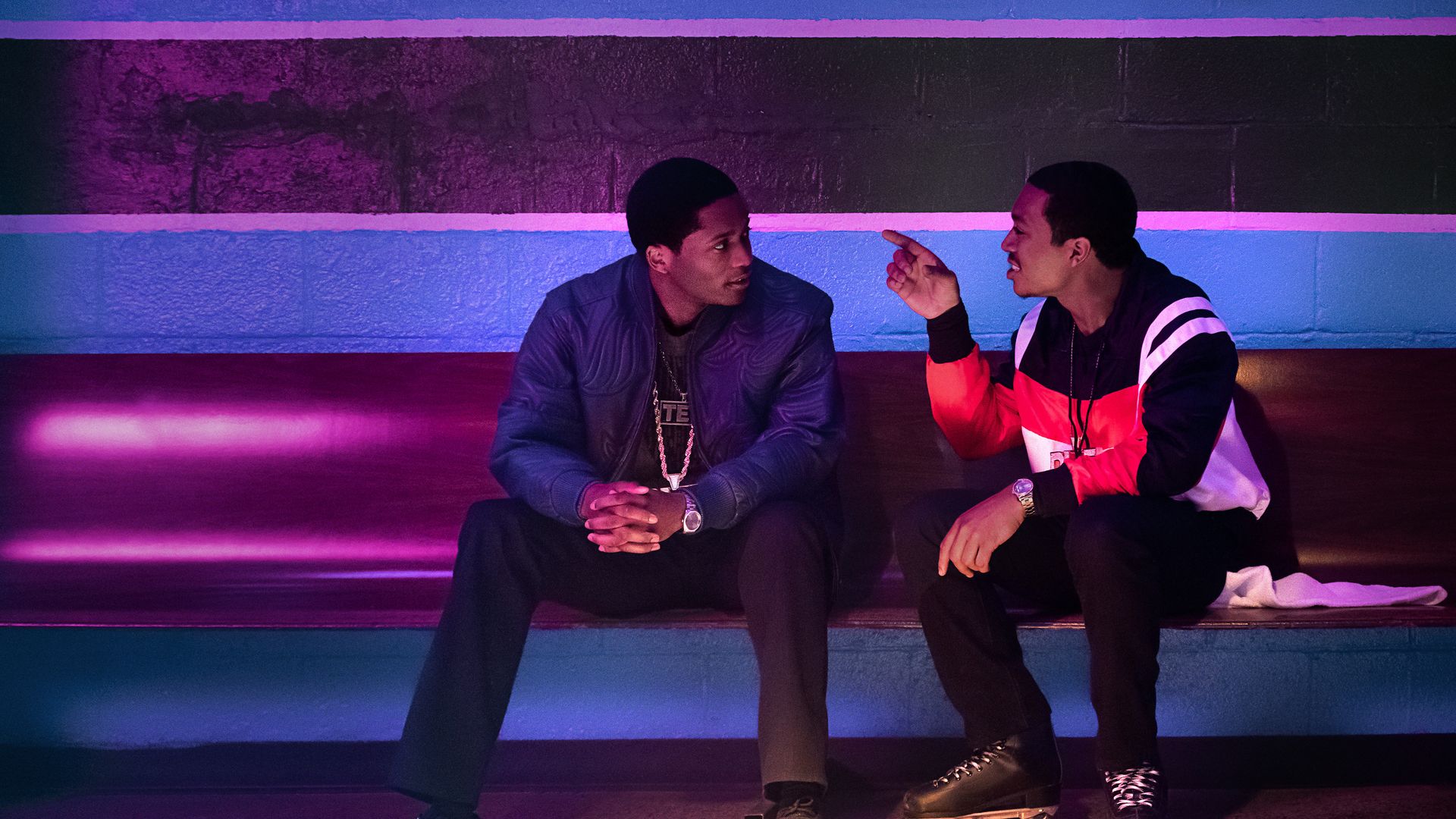 Caption: Abraham 'Da'Vinchi' Juste ("Terry 'Southwest T' Flenory"), Demetrius 'Lil Meech' Flenory Jr. (“Demetrius 'Big Meech' Flenory”) at the roller rink. Photo: Courtesy of Starz