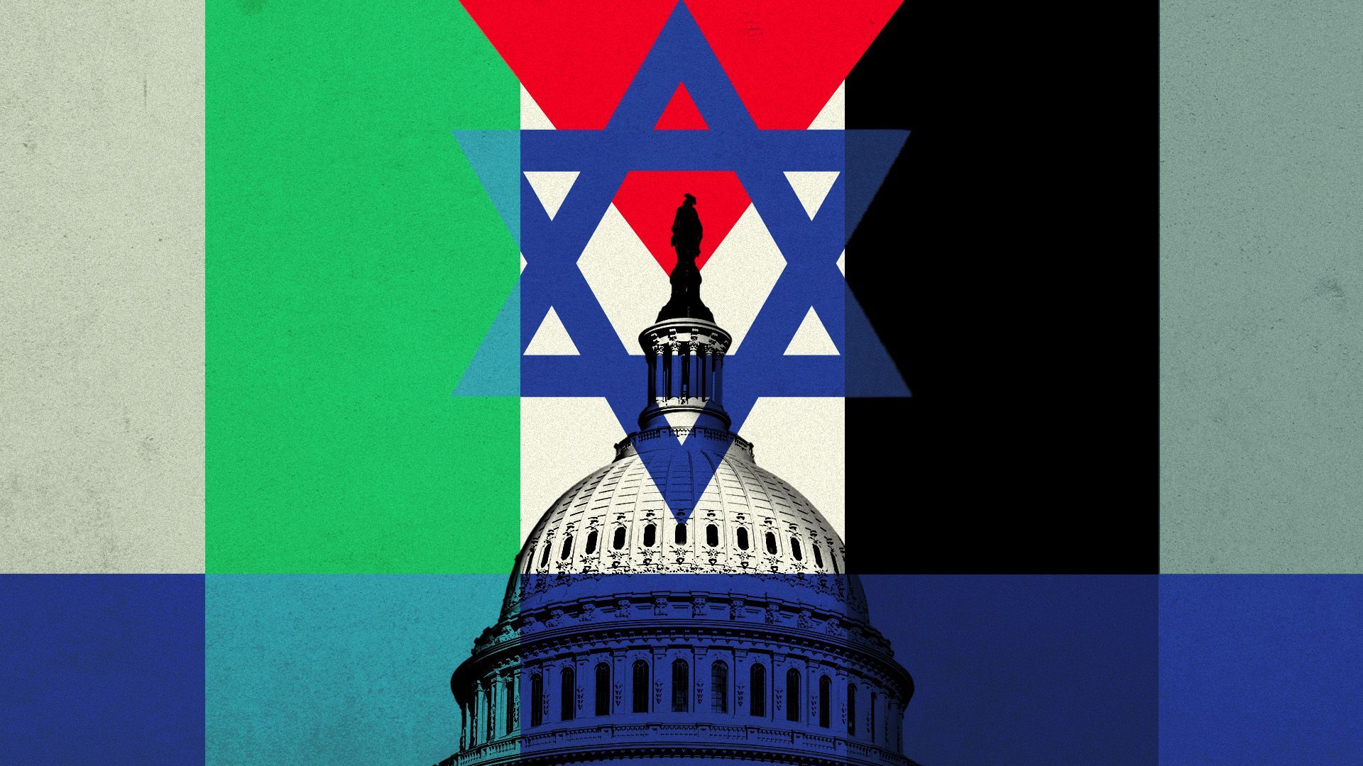 Photo illustration of the US Capitol, Palestinian flag and Israeli flag.