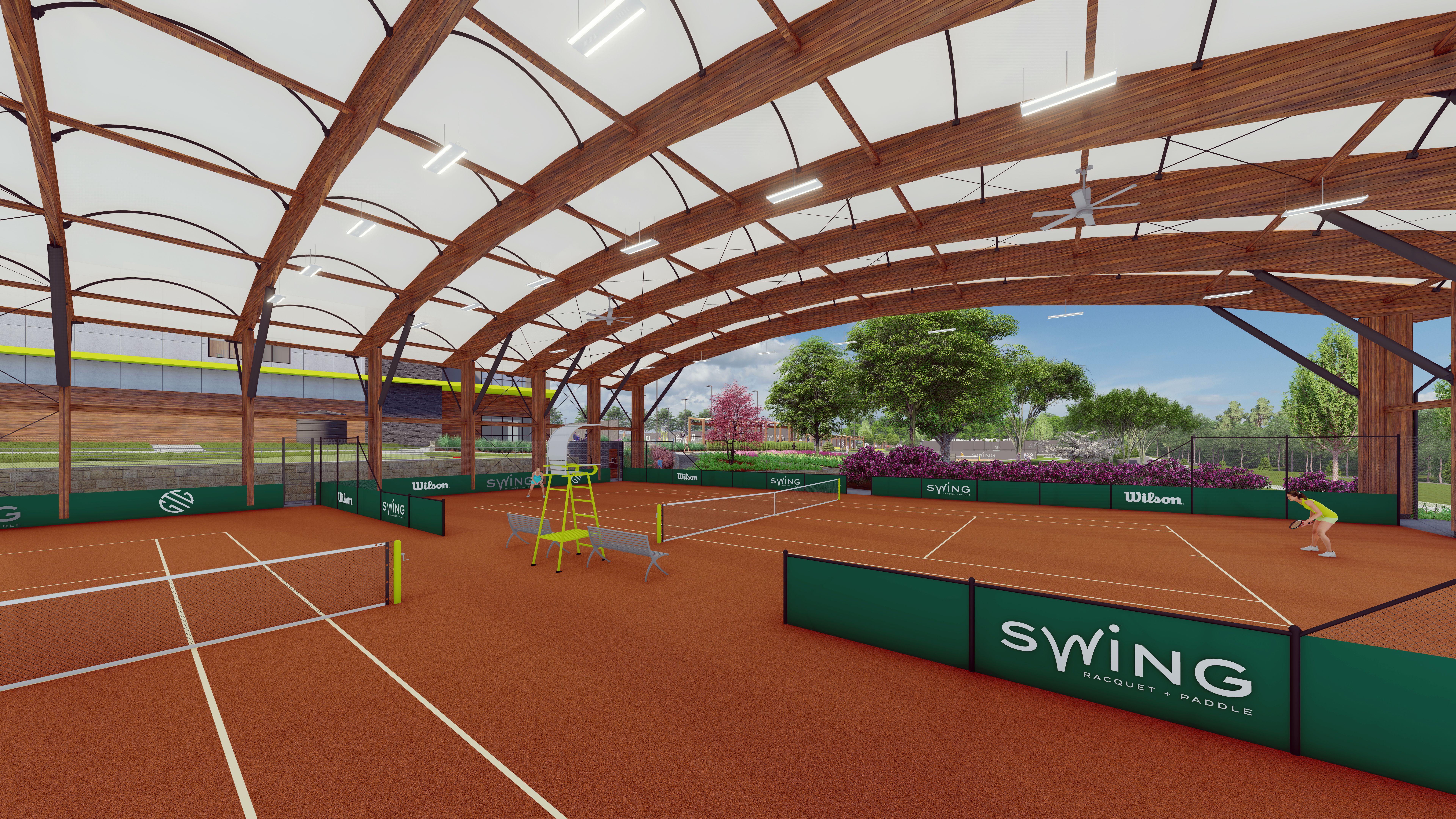 A rendering of an inclosed tennis court