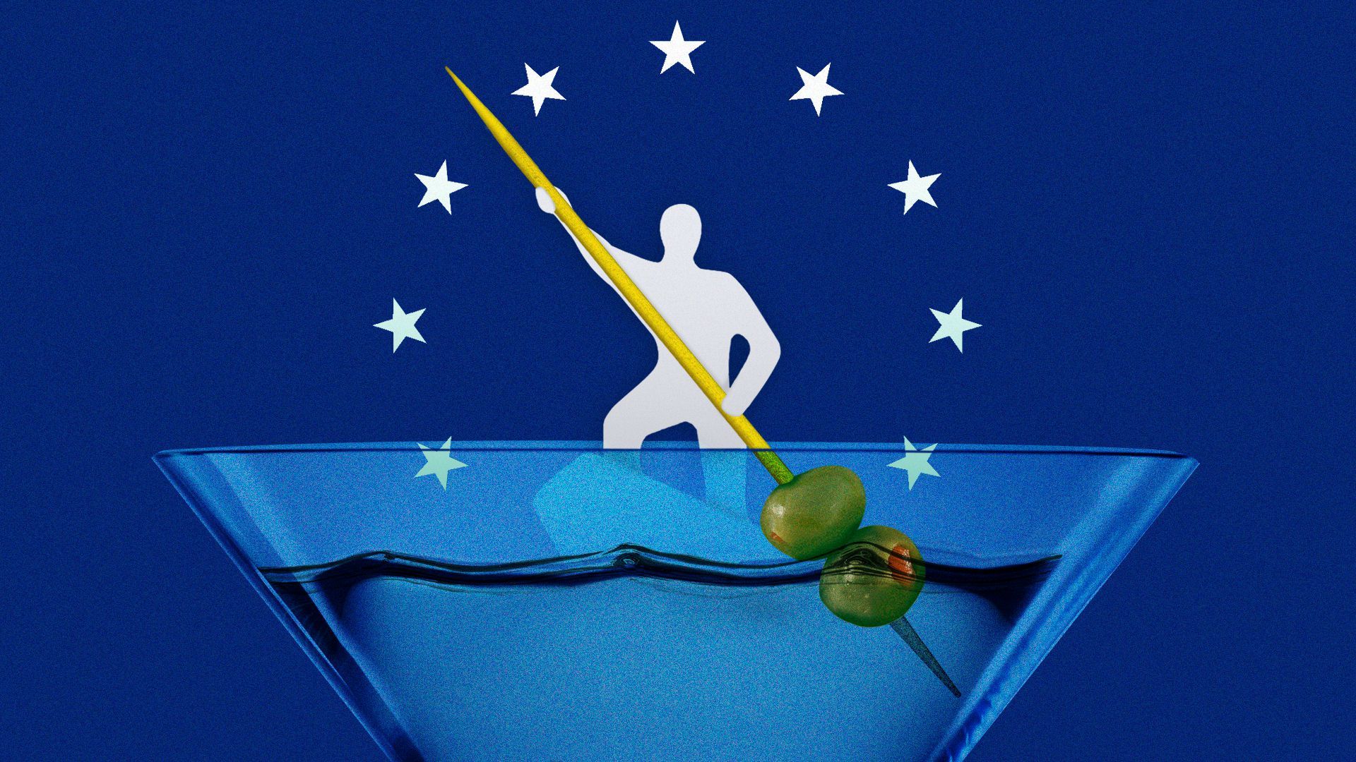 Illustration of the man from the Richmond city flag rowing through a martini glass.