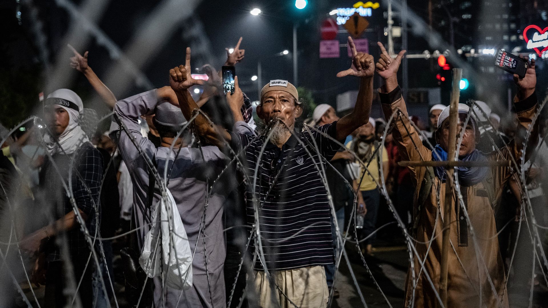 Protesters demonstrate in front of the Elections Supervisory Agency (Bawaslu) after the official government election results were announced on May 21, 2019 in Jakarta, Indonesia.