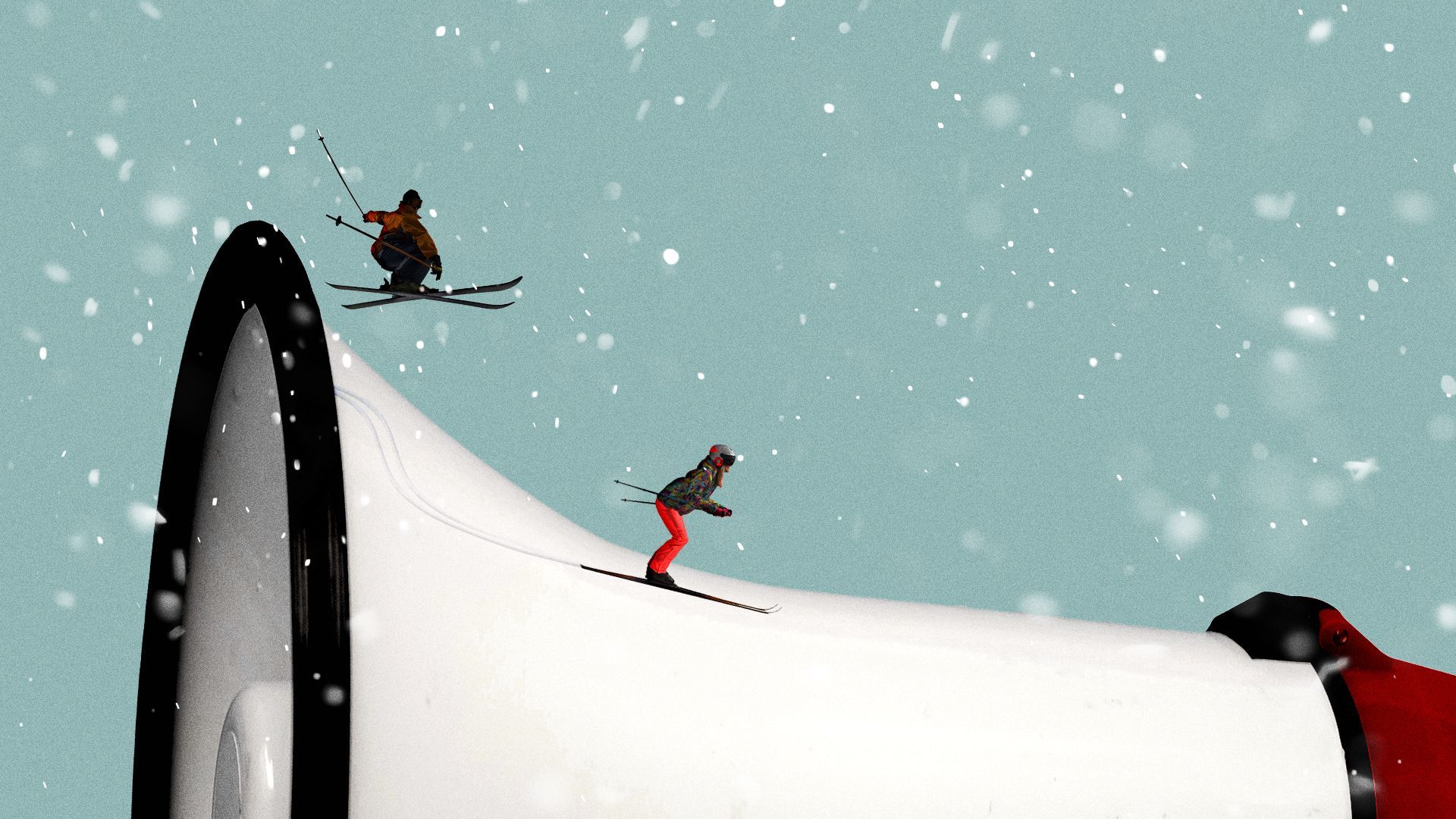 Illustration of people skiing down the slope of a megaphone.