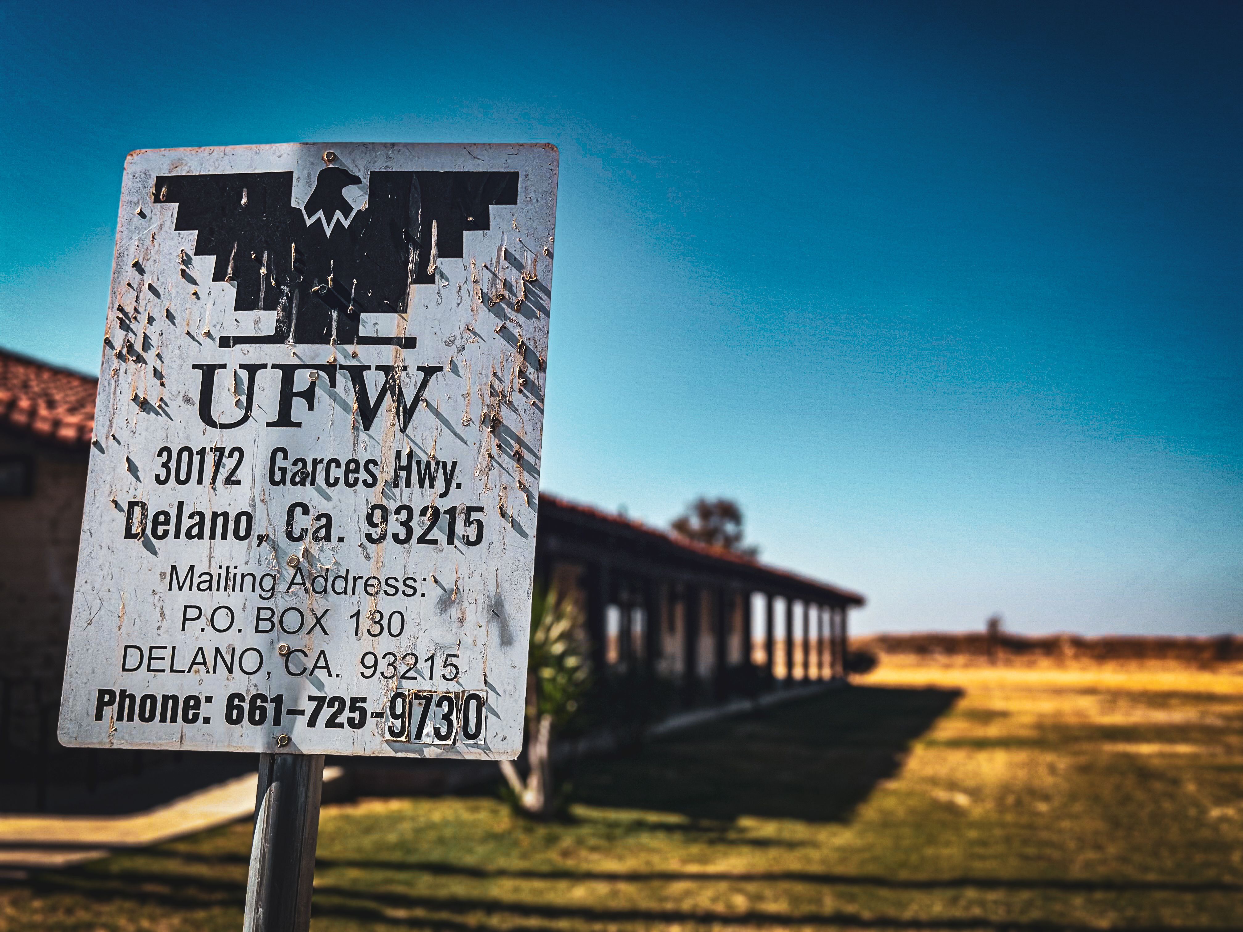 A sign marking what was once a busy United Farm Workers office in Delano, California, near where Cesar Chavez broke his fast with Sen. Robert Kennedy in 1968.