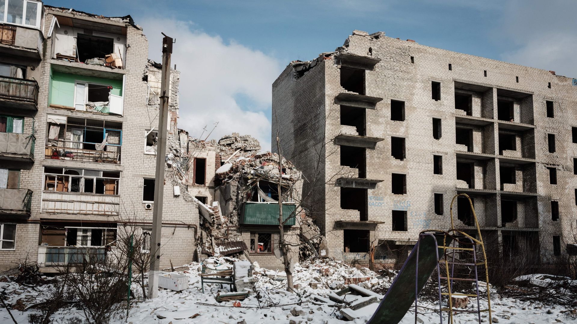 This photograph shows a destroyed building remains in Chasiv Yar on February 5, 2023, amid the Russian invasion of Ukraine.