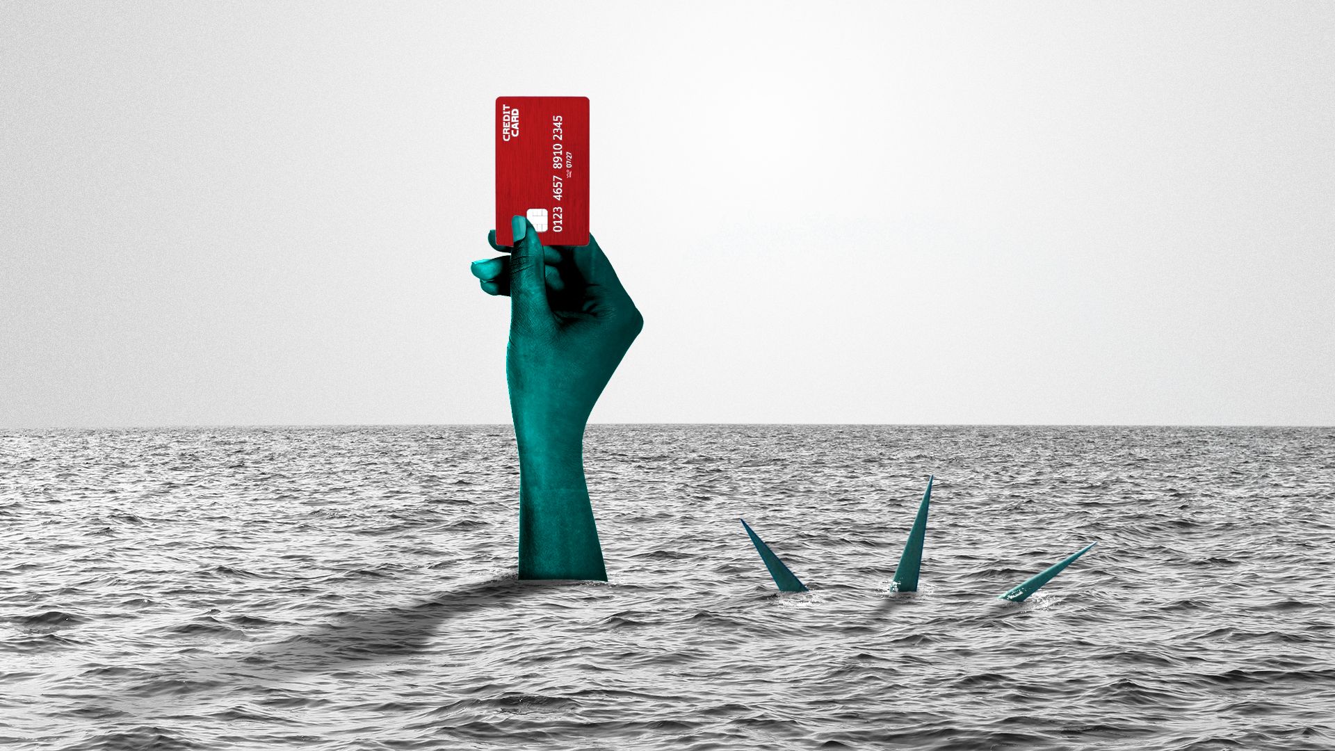 Illustration of the Statue of Liberty drowning and holding up a credit card just above water. 