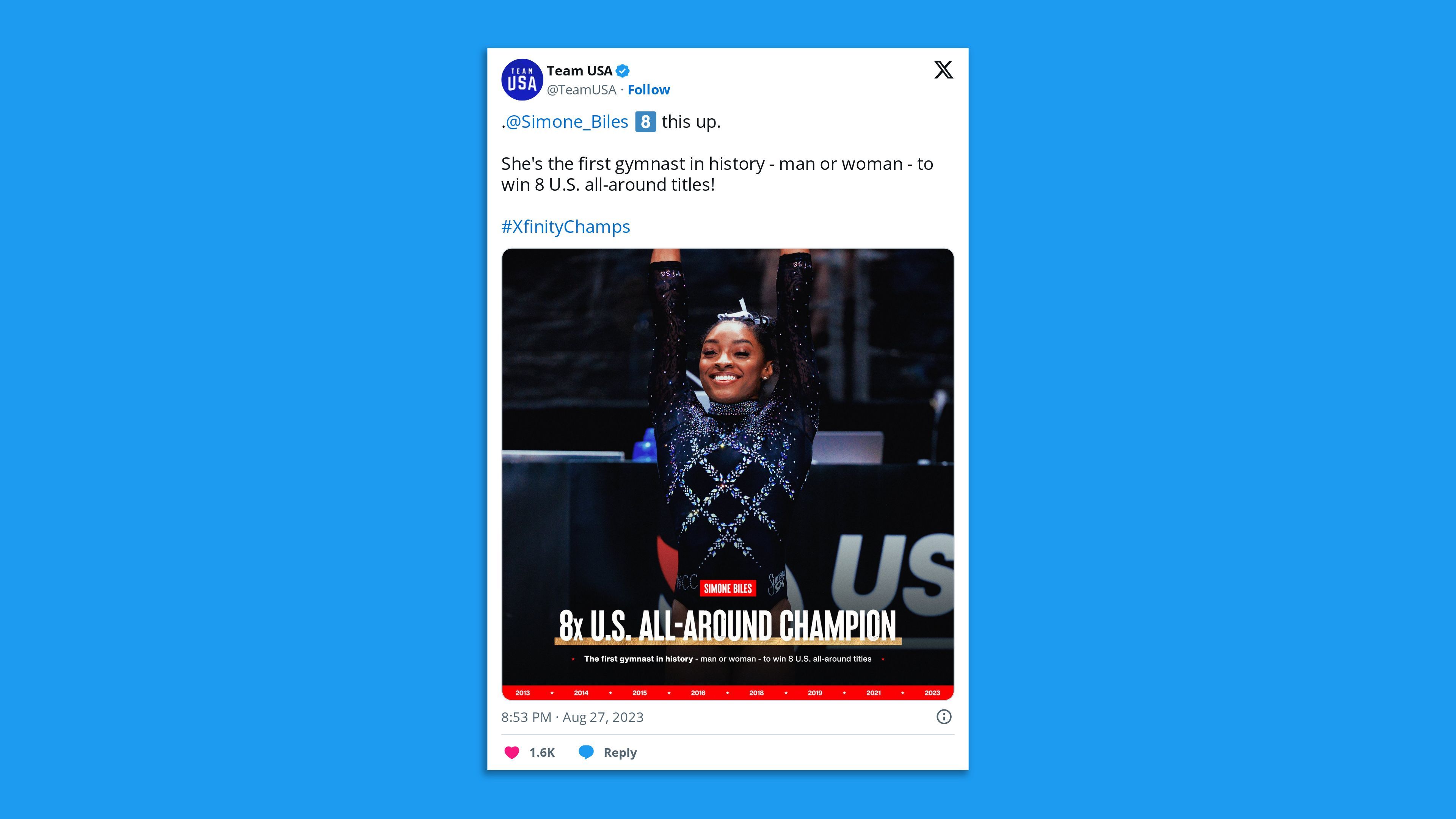A screenshot of a Team USA tweet, saying: ". @Simone_Biles  8️⃣ this up.  She's the first gymnast in history - man or woman - to win 8 U.S. all-around titles!"