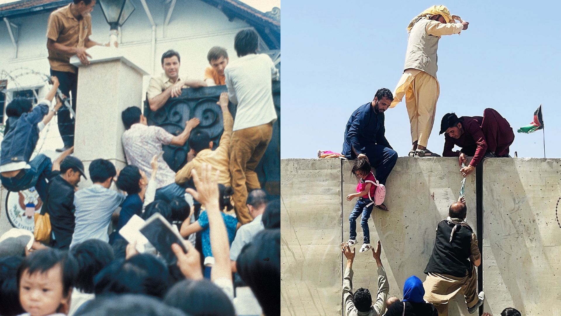 Side by side photos from the Vietnam and Afghanistan wars, showing people climbing over walls trying to escape.
