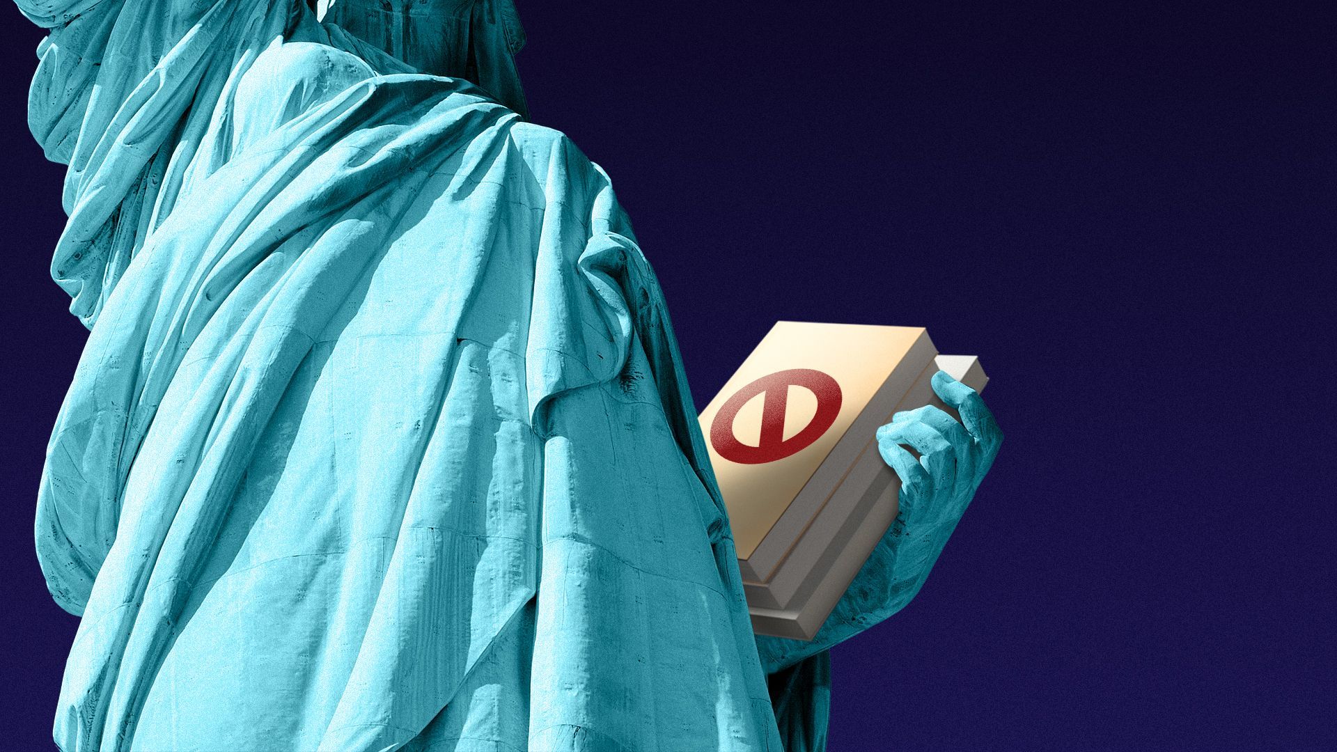 Illustration of the Statue of Liberty holding books with a no symbol on the cover.