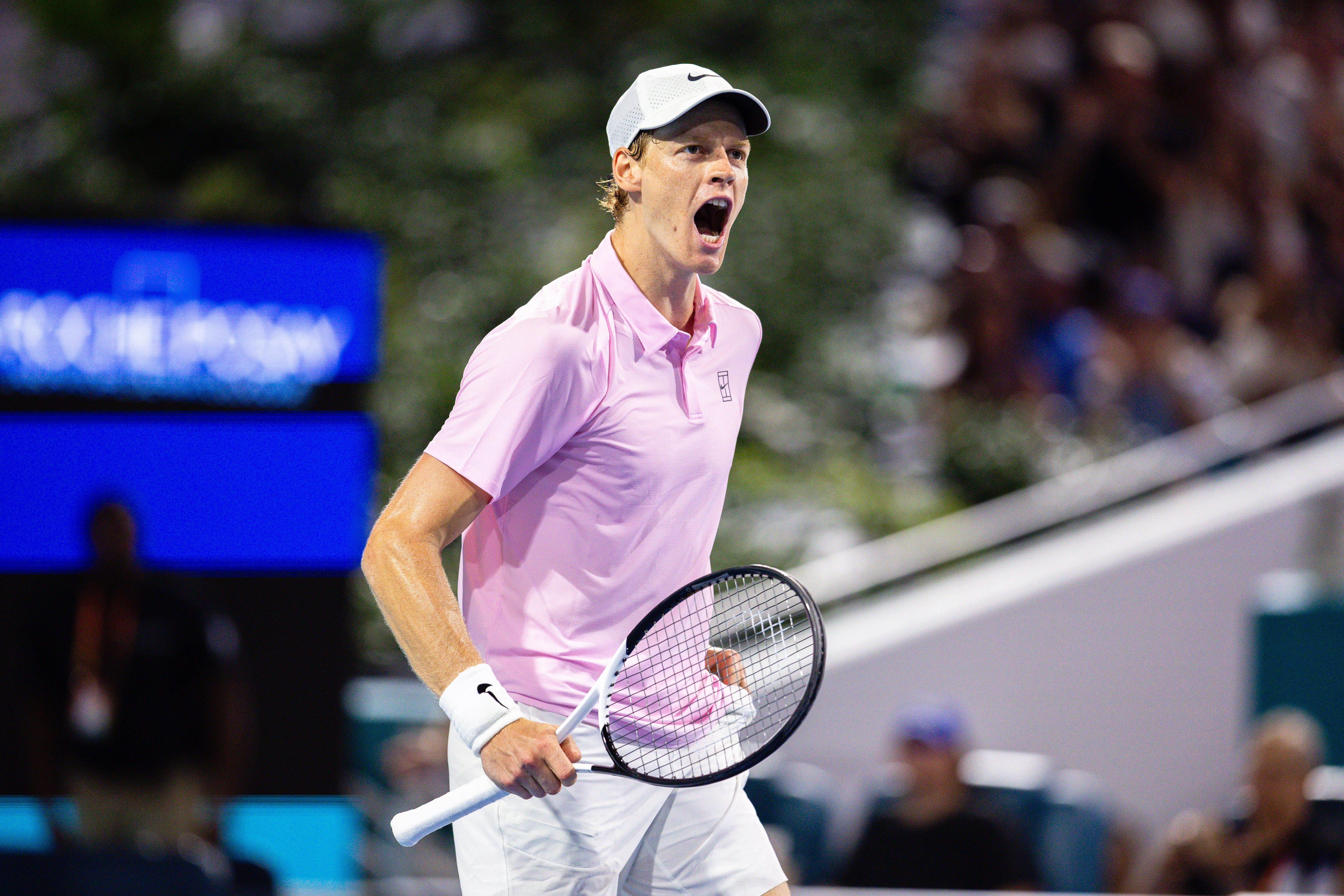 Jannik Sinner of Italy celebrates a point against Alexander Zverev of Germany during their semifinal match on Day 11 of the Miami Open at Hard Rock Stadium in Miami Gardens, Florida, on March 27, 2026. (Photo by Mauricio Paiz/NurPhoto via Getty Images)

