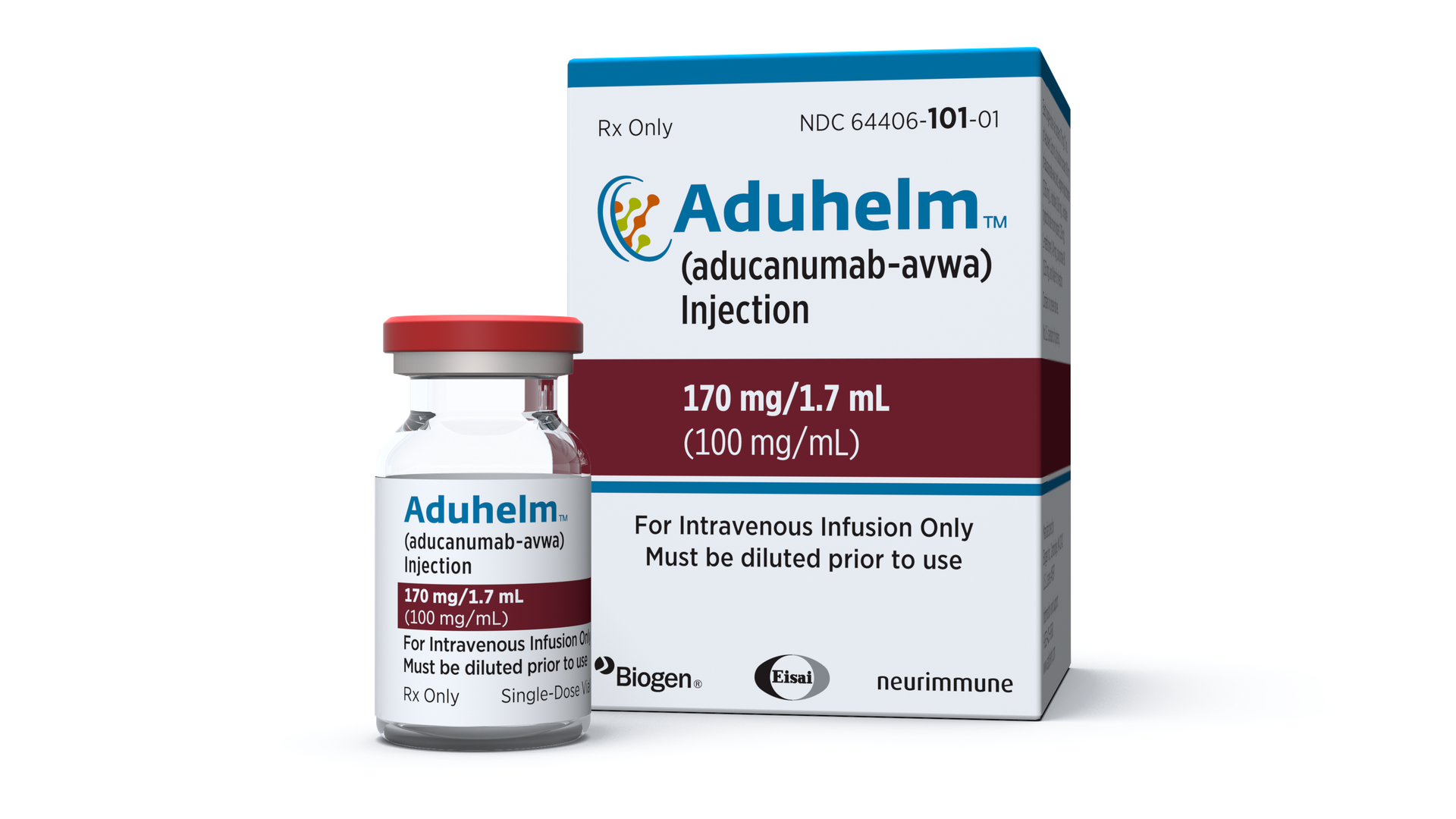 A white and maroon box and vial of Alzheimer's drug Aduhelm.