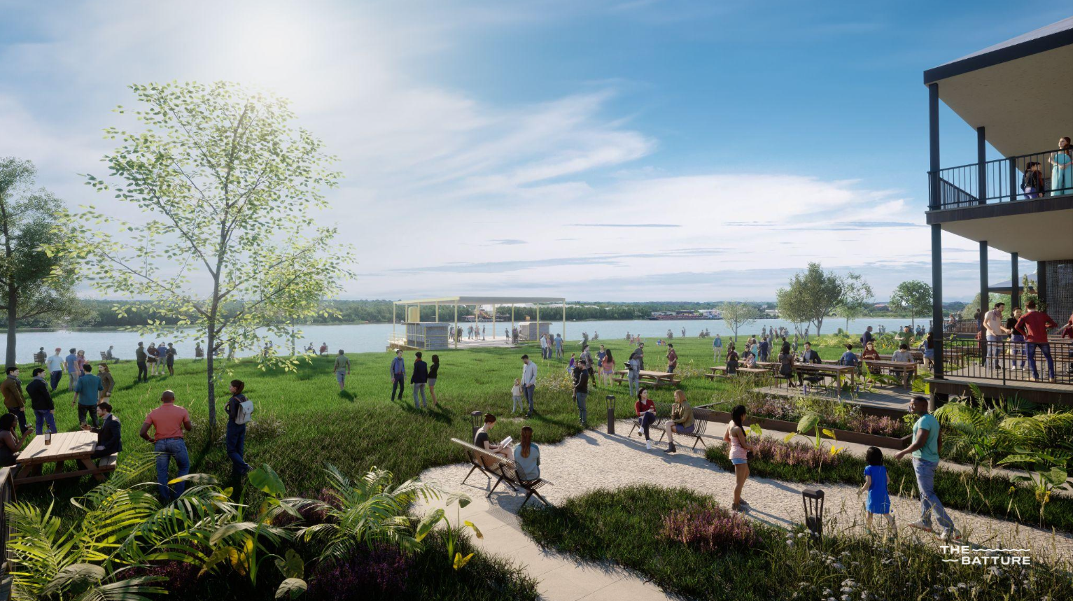 Rendering shows tables and green space at a new park planned for the Mississippi River in Uptown New Orleans.