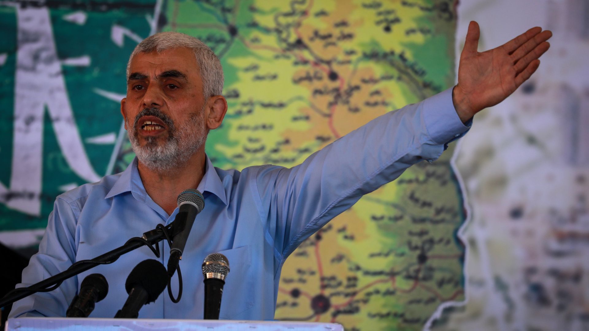 Hamas leader Yahya Sinwar speaks in Gaza City in 2021. He's now Israel's most-wanted person in Gaza. Photo: Majdi Fathi/NurPhoto via Getty Images