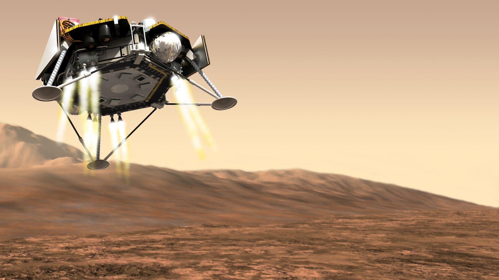 Artist rendering of the InSight (Interior Exploration utilizing Seismic Investigations, Geodesy and Heat Transport) robotic lander.