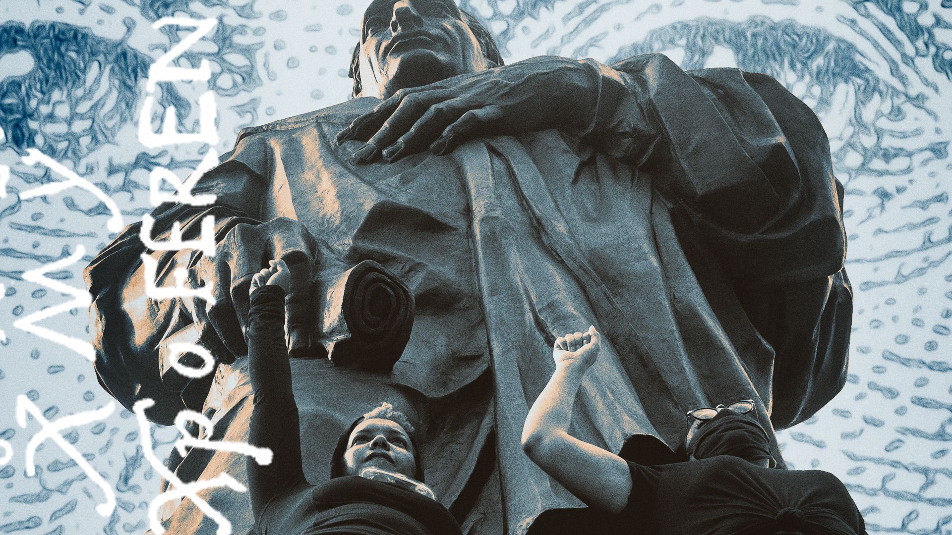 Photo illustration of protestors at the statue of Christopher Columbus in Columbus, Ohio, in 2020 surrounded by historical elements. 