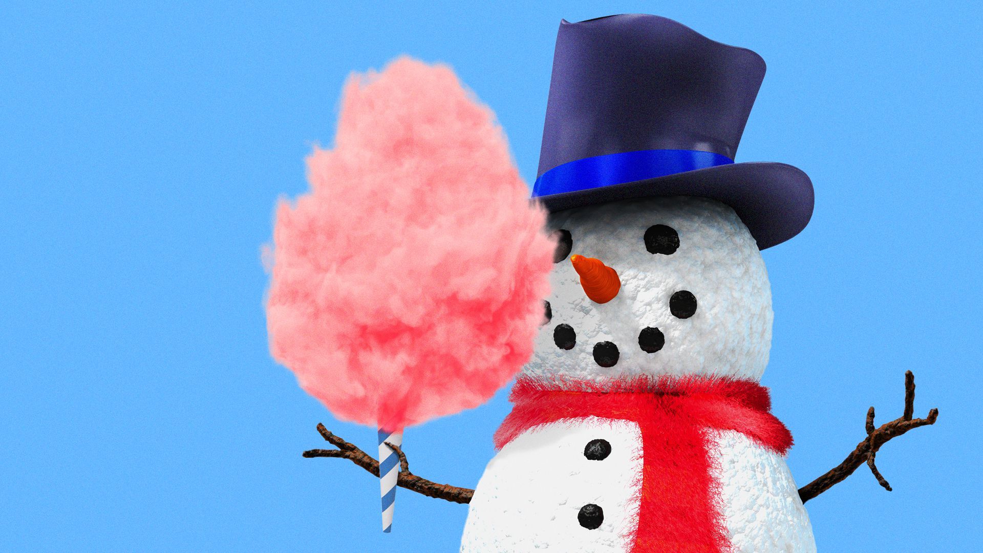 Illustration of a snowman holding cotton candy.
