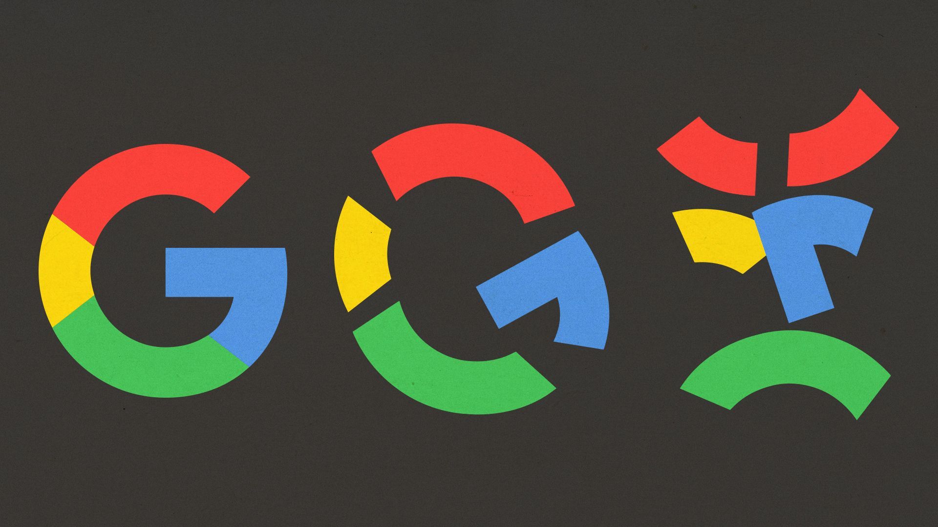 Illustration of Google's logo progressively breaking and turning into a frowning face.