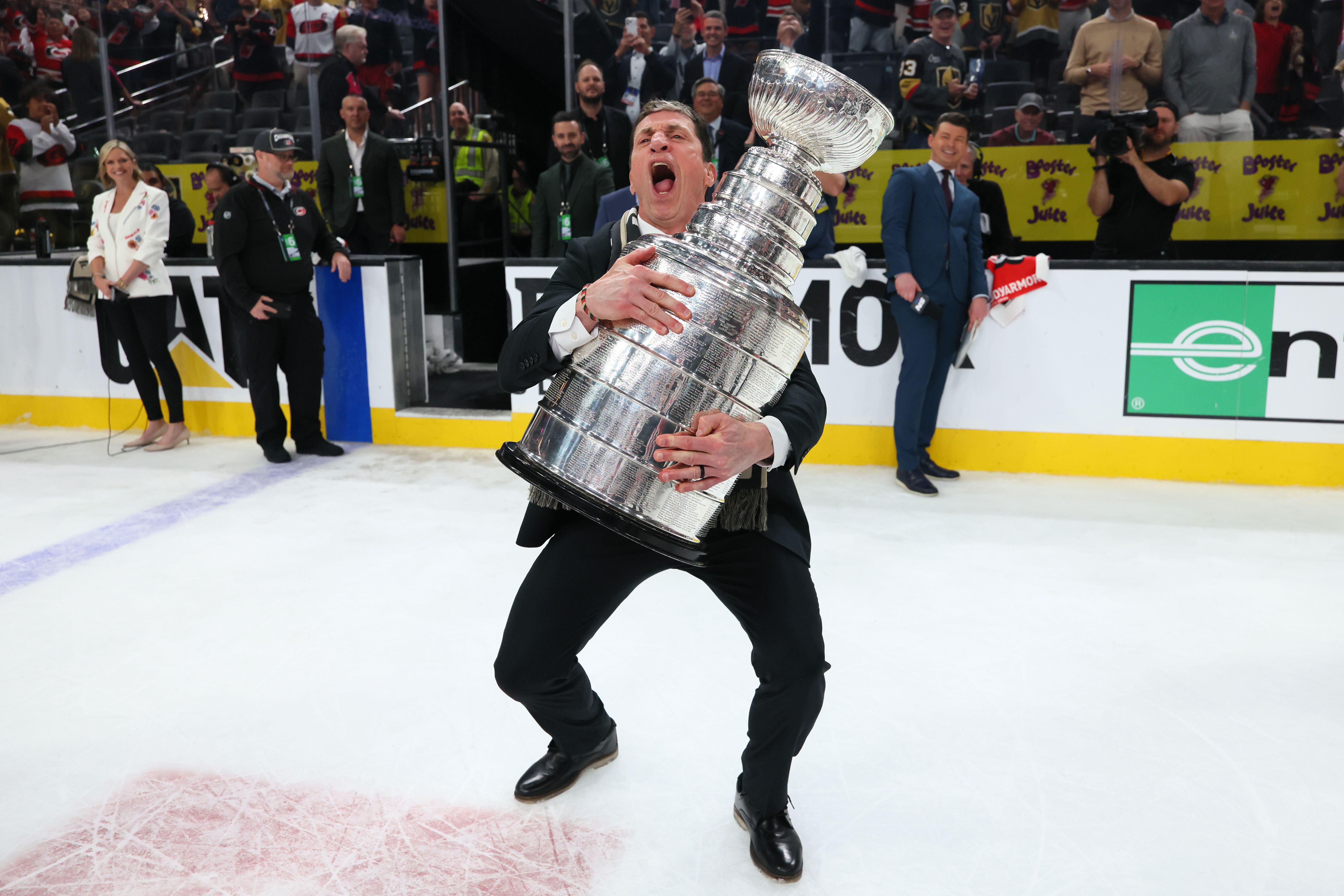 Head coach Rod Brind'Amour of the Carolina Hurricanes lifts the Stanley Cup in 2026.