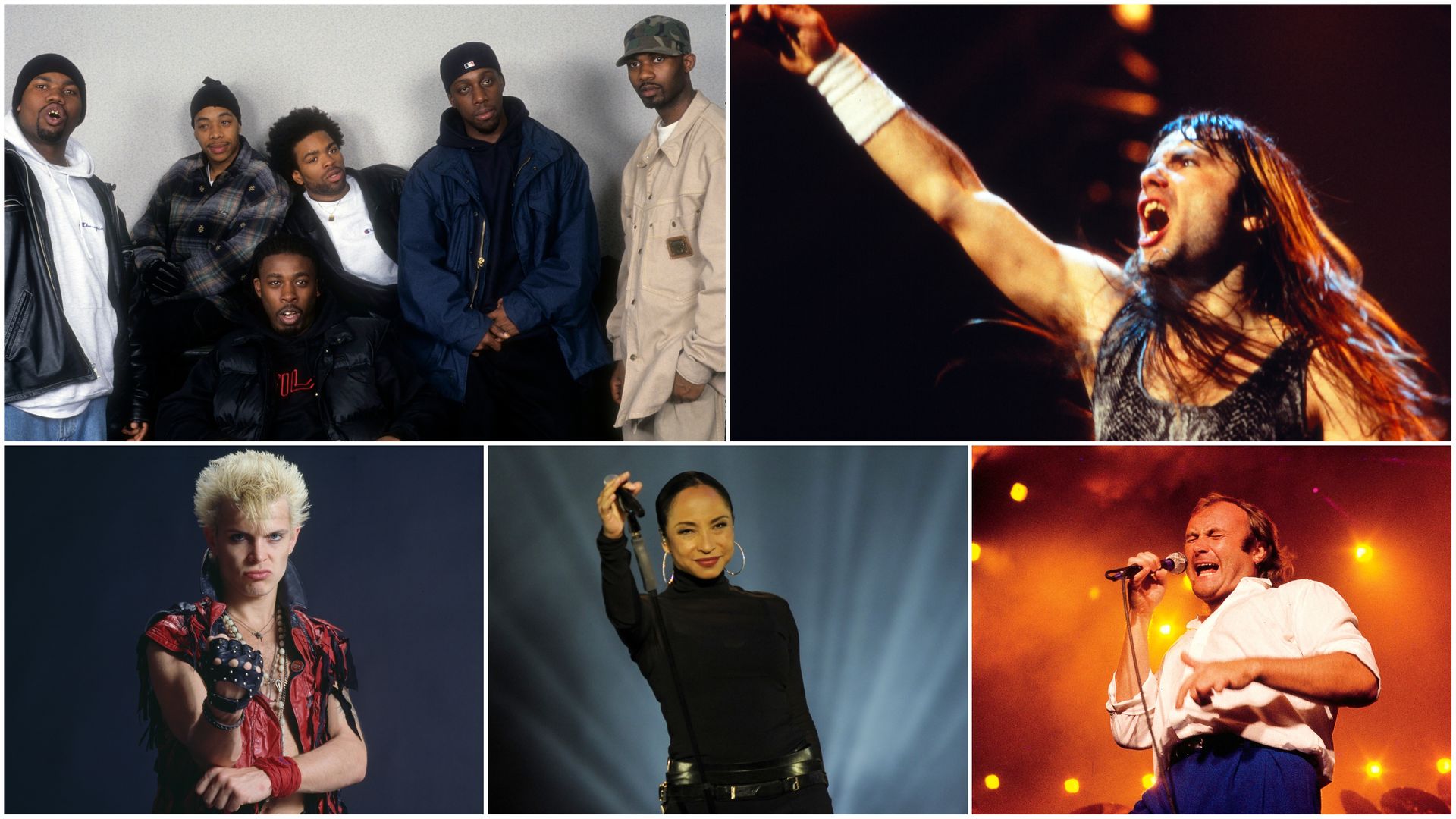 Collage of five musicians: a six-man streetwear group; a long-haired rock singer on stage; a bleached punk rocker; a female black-clad singer with a mic; and a male singer in white on stage, all performing.