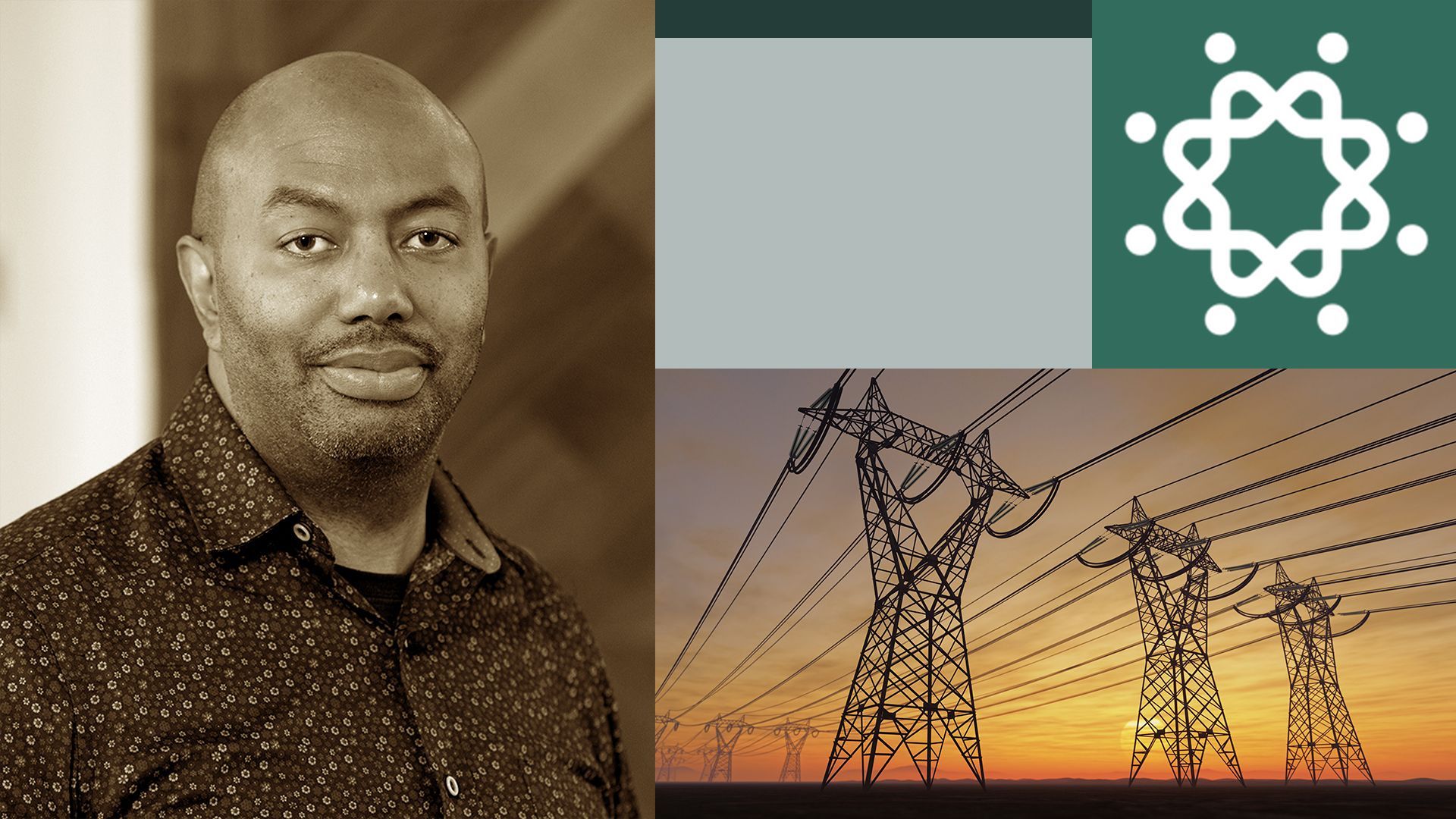 Photo illustration of Carmichael Roberts with electric power lines and Breakthrough Energy Ventures' logo.