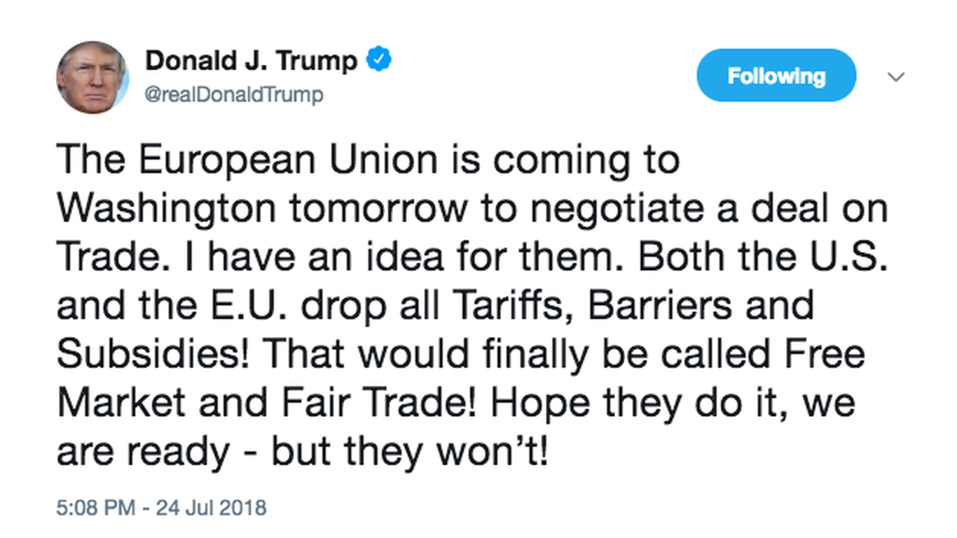 Trump Suggests EU And U.S. "drop All Tariffs, Barriers And Subsidies"