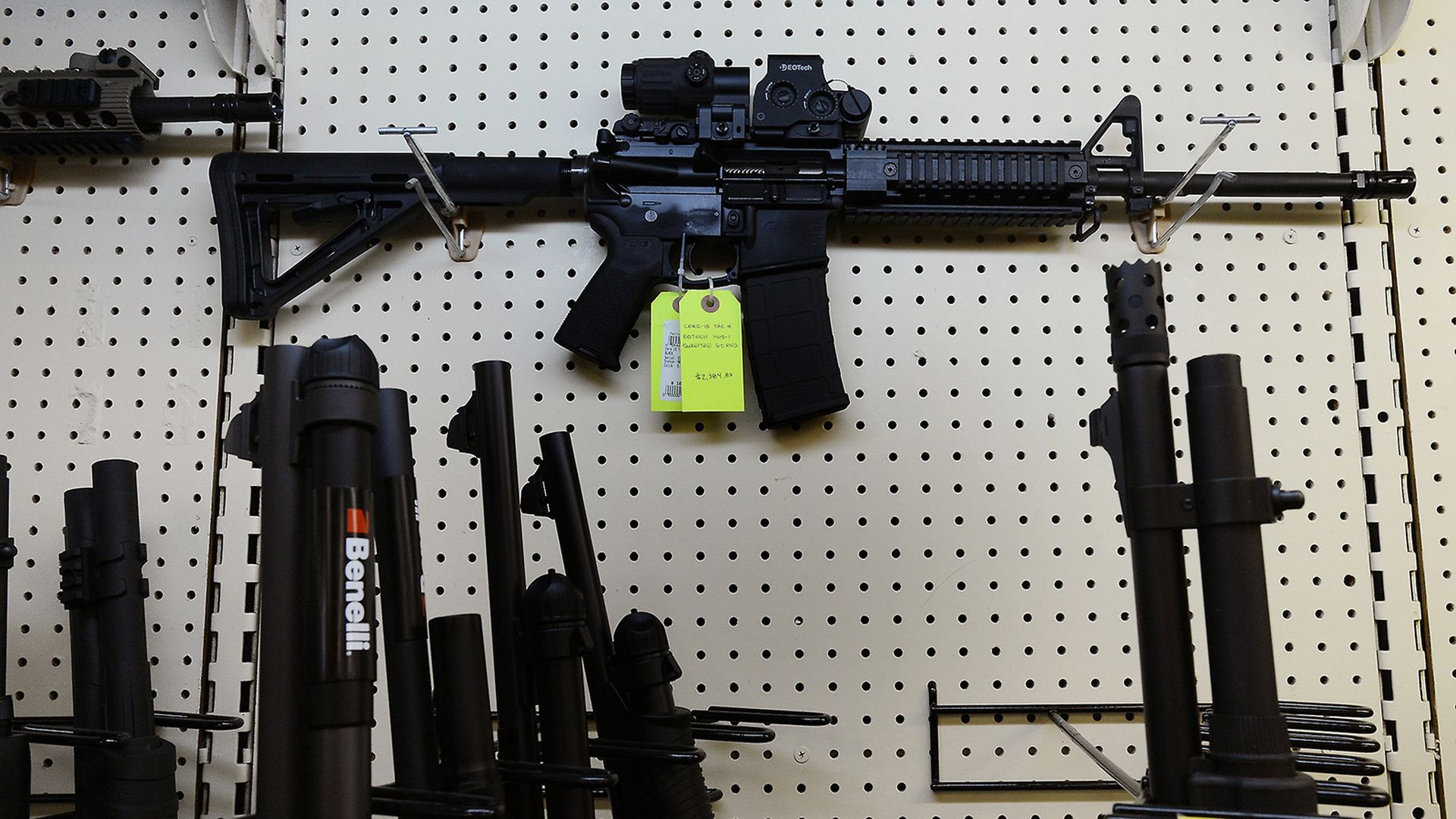 On display at a gun shop in Wendell, N.C., an AR-15 assault rifle.