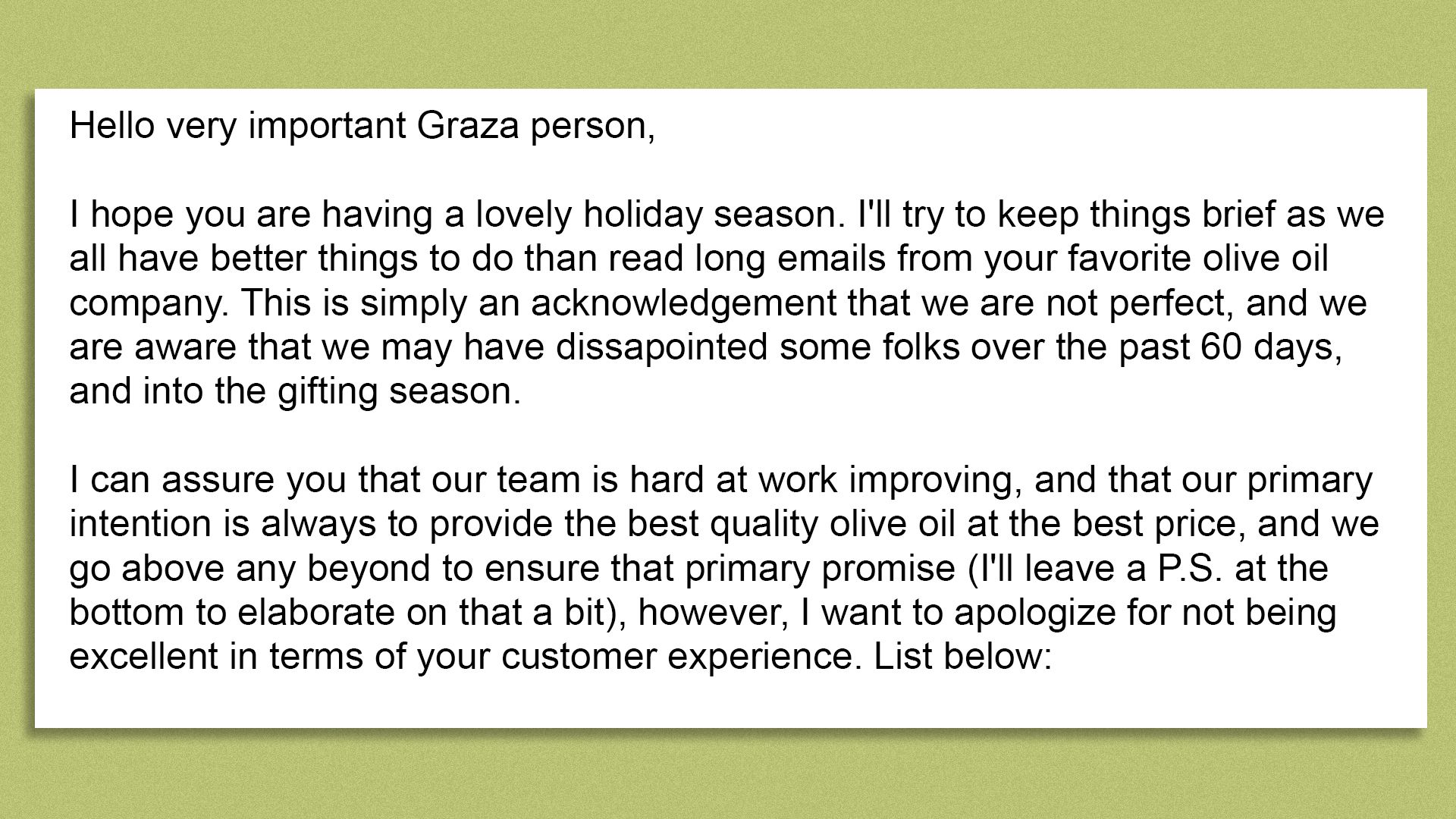 Apology letter from Graza CEO Benin to customers