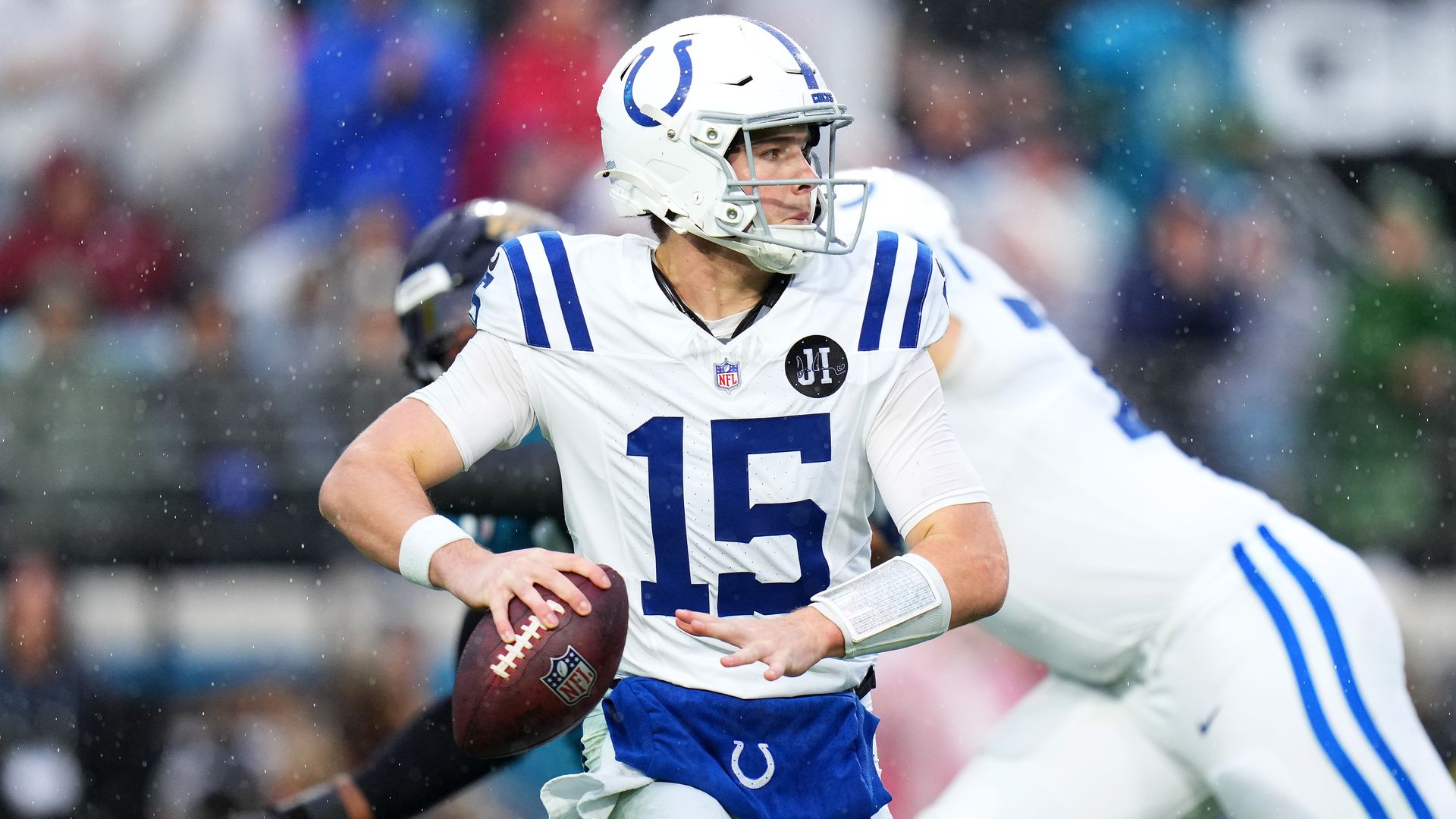 Riley Leonard #15 of the Indianapolis Colts passes the ball against the Jacksonville Jaguars during the third quarter at EverBank Stadium on December 07, 2025 in Jacksonville, Florida. 