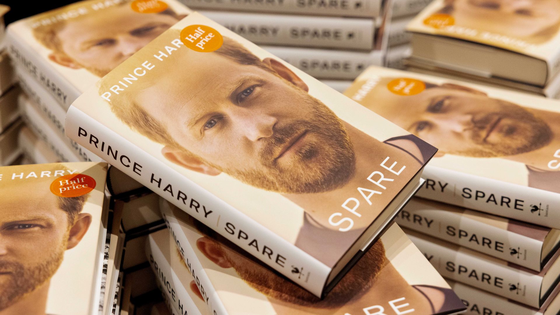 Stacks of Prince Harry's memoir "Spare"