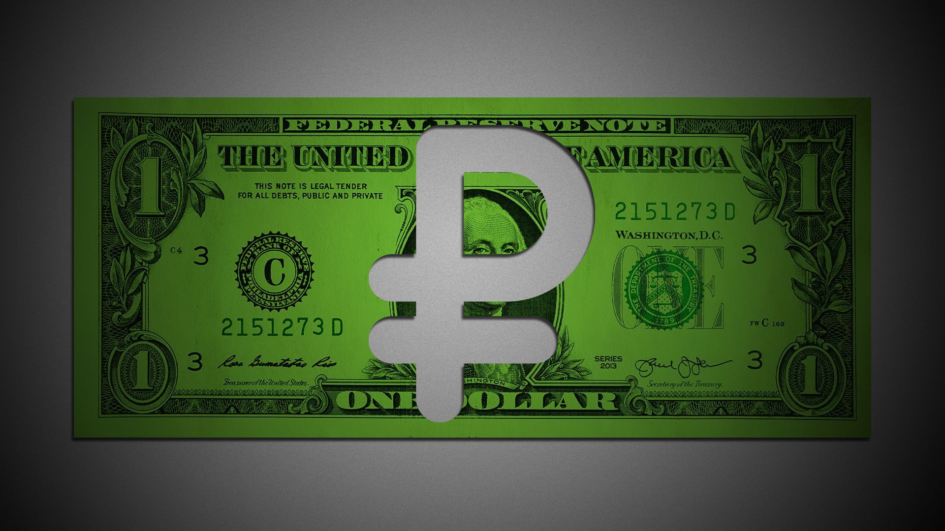 Illustration of a one dollar bill with a Russian ruble symbol cut out of the center. 